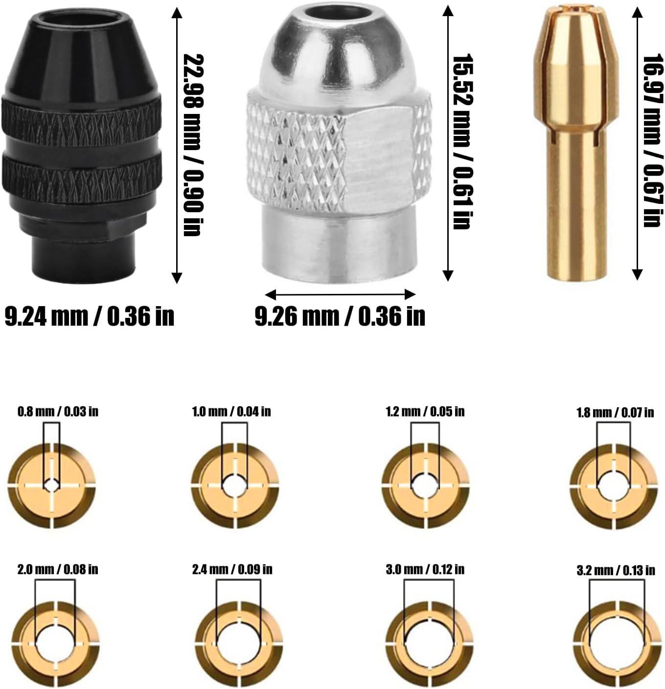 10Pcs Drill Chuck Collet Set for Dremel with 4485 Brass Collet Set 4486 Keyless Chuck for Dremel Rotary Tool 1/32