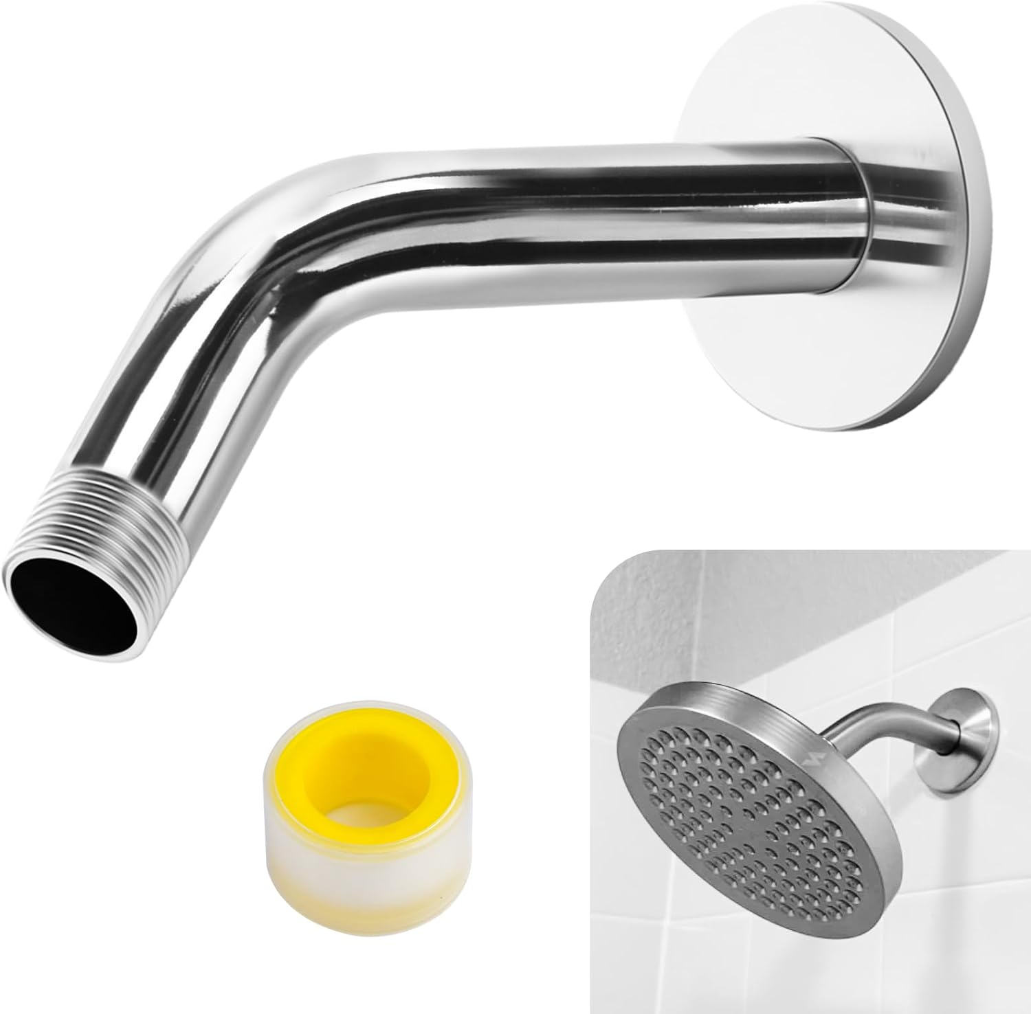 Shower Arm Flange Shower Pipe Arm 6 Inches Shower Head Mount 304 Stainless Steel Shower Handle Replacement Wall Mount Shower Neck for Fixed Shower Head & Handheld Showerhead (Silver) - Image 1