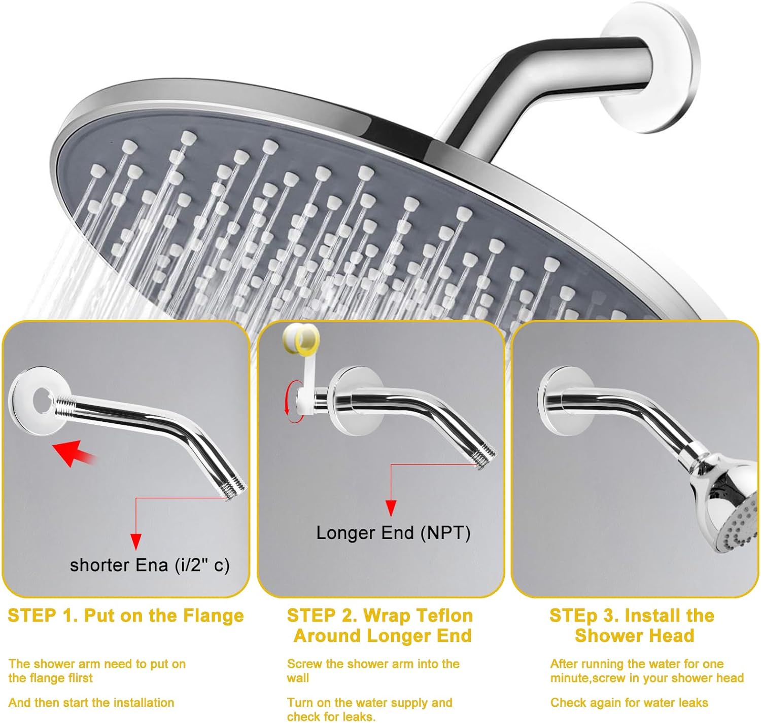 Shower Arm Flange Shower Pipe Arm 6 Inches Shower Head Mount 304 Stainless Steel Shower Handle Replacement Wall Mount Shower Neck for Fixed Shower Head & Handheld Showerhead (Silver) - Image 3
