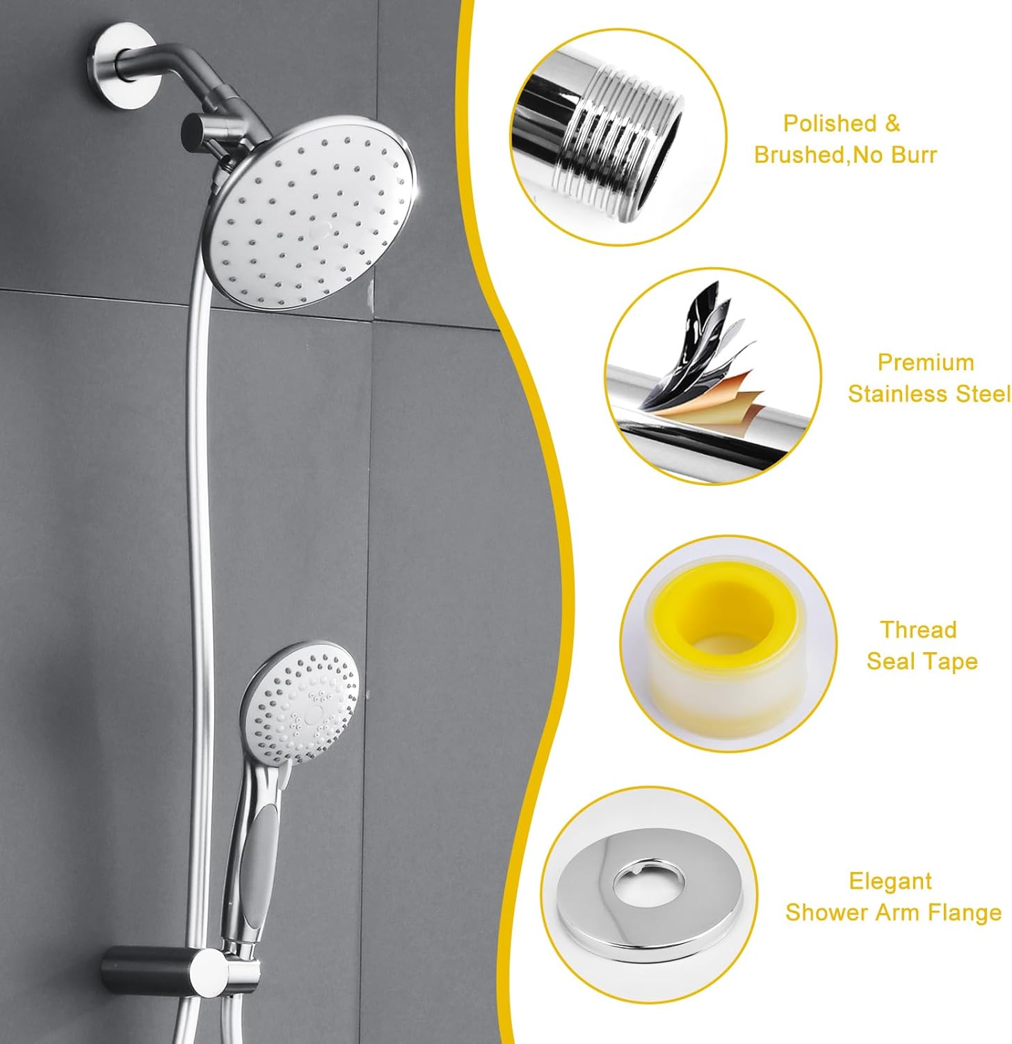 Shower Arm Flange Shower Pipe Arm 6 Inches Shower Head Mount 304 Stainless Steel Shower Handle Replacement Wall Mount Shower Neck for Fixed Shower Head & Handheld Showerhead (Silver) - Image 5
