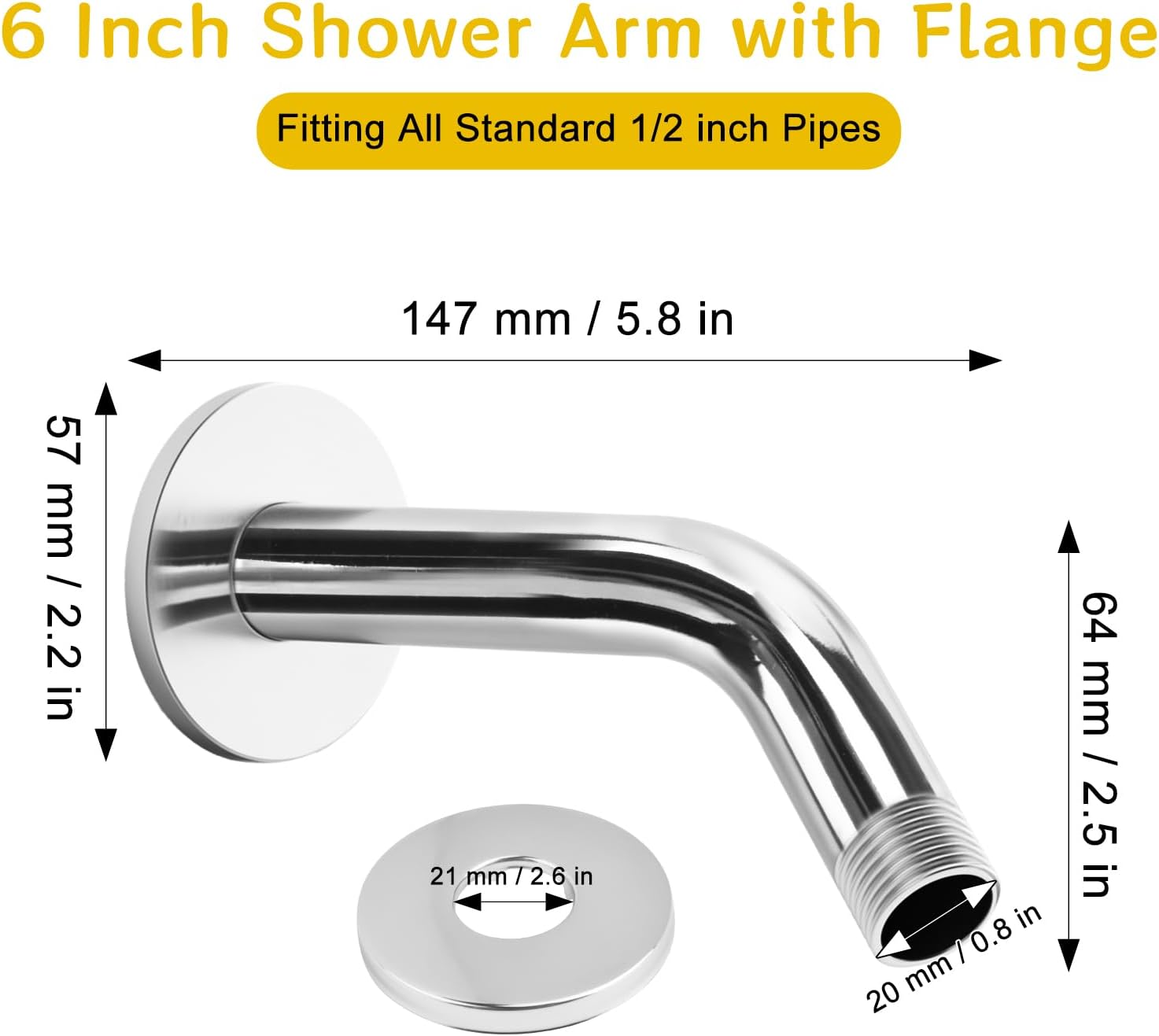 Shower Arm Flange Shower Pipe Arm 6 Inches Shower Head Mount 304 Stainless Steel Shower Handle Replacement Wall Mount Shower Neck for Fixed Shower Head & Handheld Showerhead (Silver) - Image 7