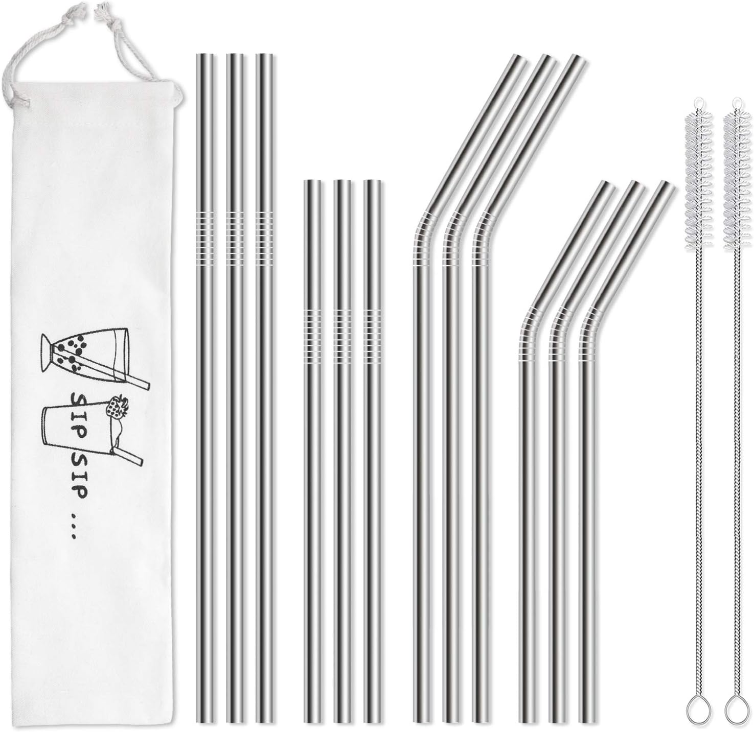 12-Pack Reusable Stainless Steel Metal Straws with Case - Long Drinking Straws for 30 oz and 20 oz Tumblers Dishwasher Safe - 2 Cleaning Brushes Included - Image 1