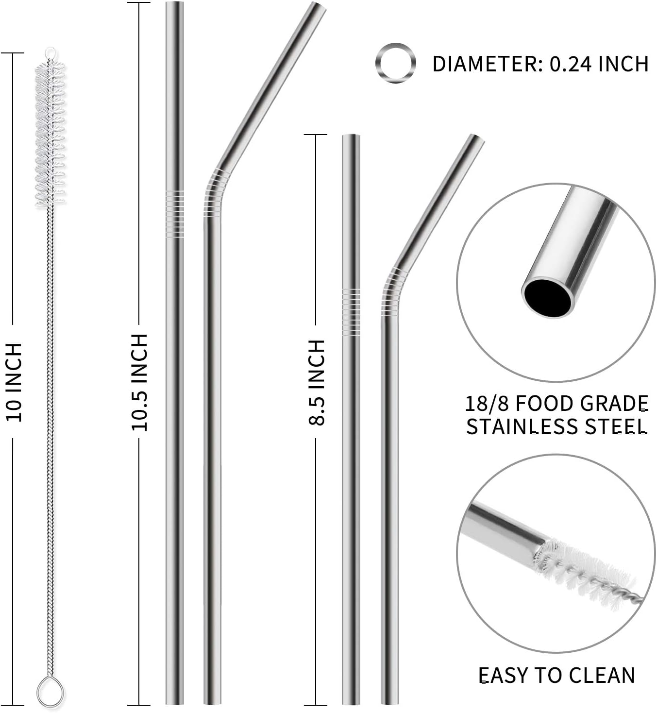 12-Pack Reusable Stainless Steel Metal Straws with Case - Long Drinking Straws for 30 oz and 20 oz Tumblers Dishwasher Safe - 2 Cleaning Brushes Included - Image 2