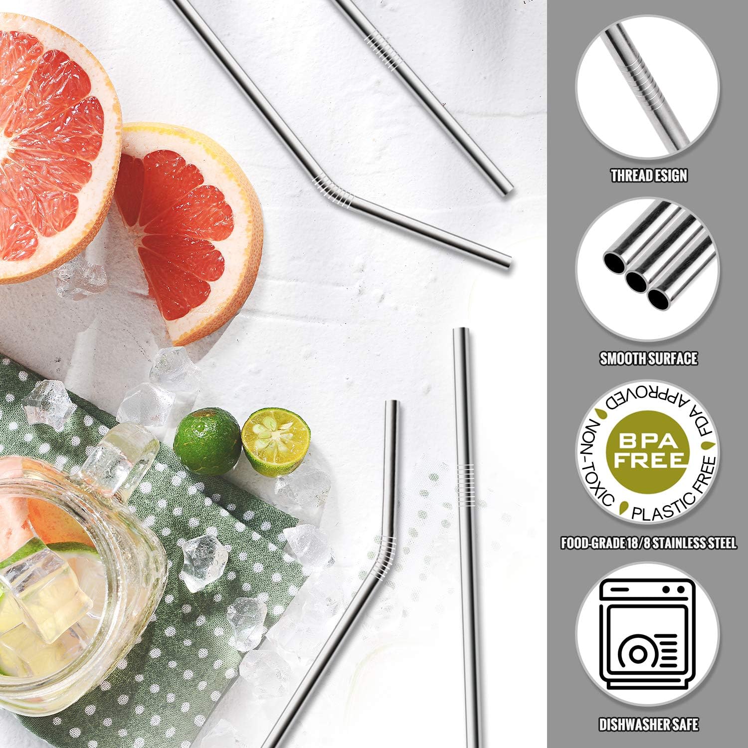 12-Pack Reusable Stainless Steel Metal Straws with Case - Long Drinking Straws for 30 oz and 20 oz Tumblers Dishwasher Safe - 2 Cleaning Brushes Included - Image 3