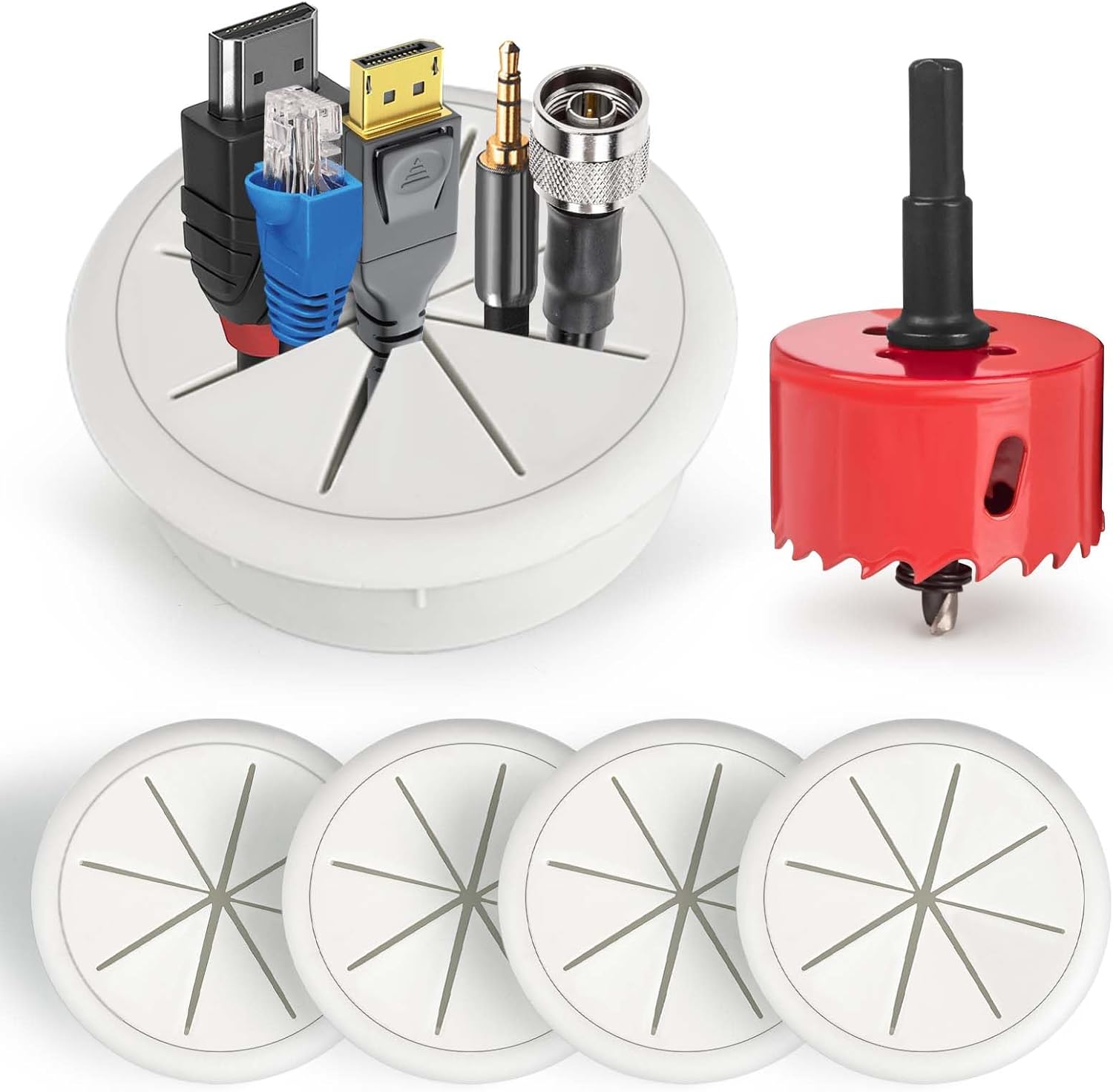 6Pcs TV Cord Hider for Wall Mounted TV 2.36in (60mm) TV Wire Hider Cable Grommet Cable Hole Cover with Hole Saw Drill Attachment, in Wall Cable Management Kit for Office and Home Table Cable - Image 1