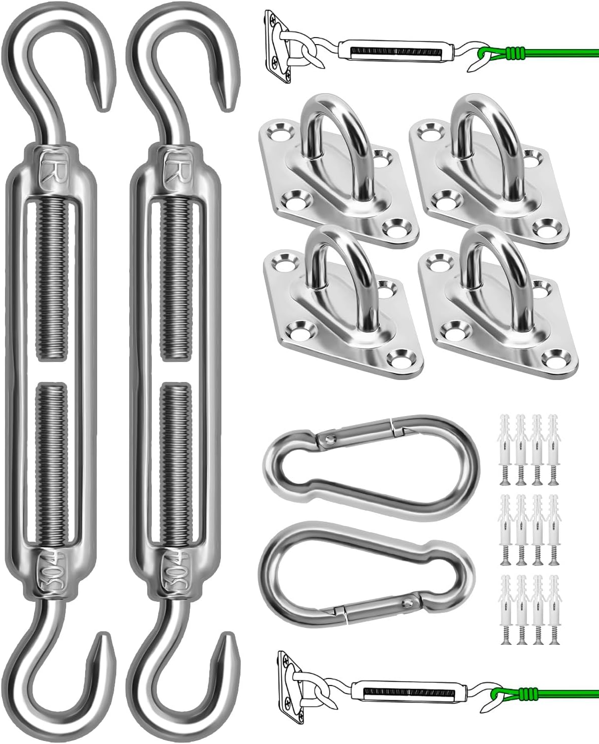 Sun Shade Sail Hardware Kit, 304 Stainless Steel Sunshades Canopy Installation Kit for Garden Rectangle & Triangle Shade Sails, Heavy Duty Shade Sail Fixing Accessories, Awning Attachment Set - Image 1