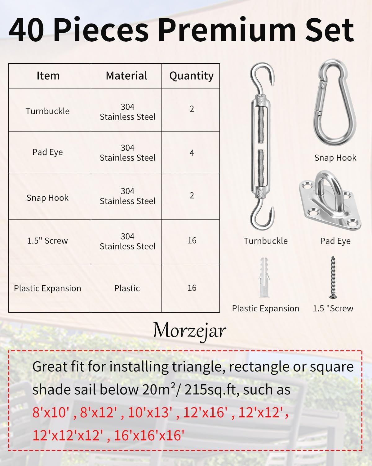 Sun Shade Sail Hardware Kit, 304 Stainless Steel Sunshades Canopy Installation Kit for Garden Rectangle & Triangle Shade Sails, Heavy Duty Shade Sail Fixing Accessories, Awning Attachment Set - Image 2