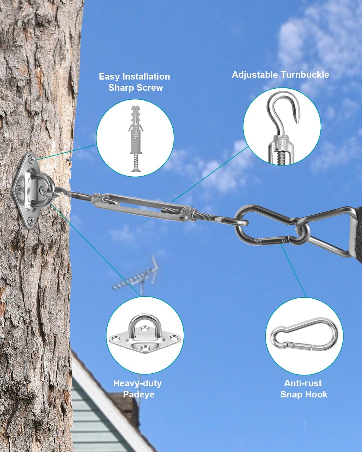 Sun Shade Sail Hardware Kit, 304 Stainless Steel Sunshades Canopy Installation Kit for Garden Rectangle & Triangle Shade Sails, Heavy Duty Shade Sail Fixing Accessories, Awning Attachment Set - Image 5