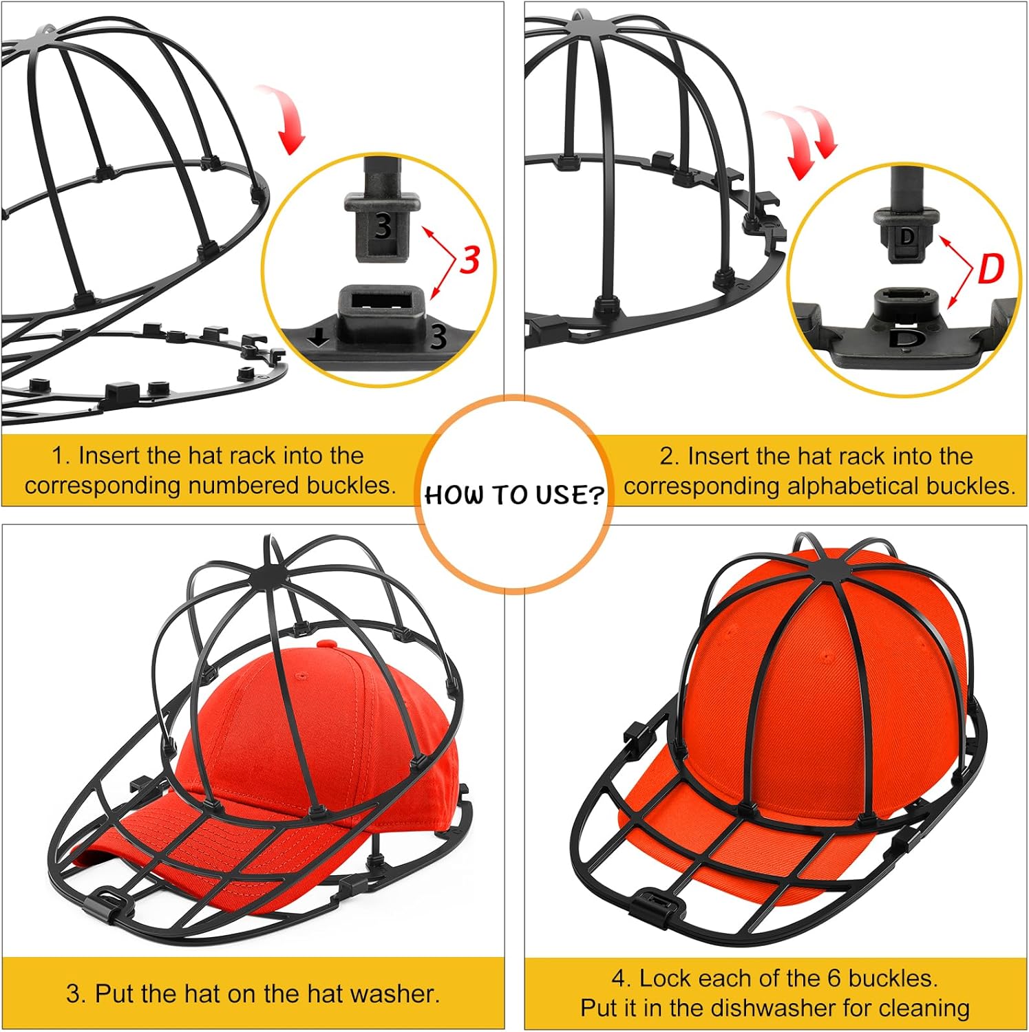 Hat Washer Cage for Washing Machine & Dishwasher- Ball Cap Washer for Baseball Caps & Hats, Baseball Cap Cleaner and Shaper, Fits Adult/Kids Caps (Black) - Image 5