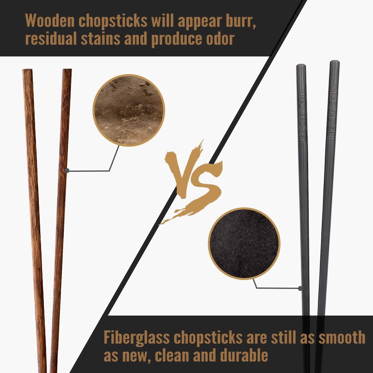 10 Pairs Fiberglass Chopsticks - Reusable Chopsticks Dishwasher Safe, 9 1/2 Inches - Black - Image 7
