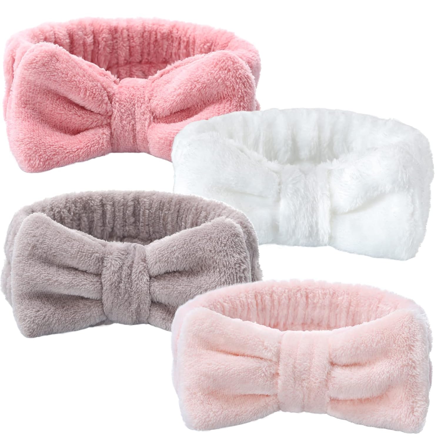 4 Pack Spa Headband for Washing Face, Girls Makeup Bow Tie Hair Band, Microfiber Women Headbands, Elastic Headband to Skincare, Gifts for Teen Girls- White, Brown, Rose Pink, Light Pink - Image 1