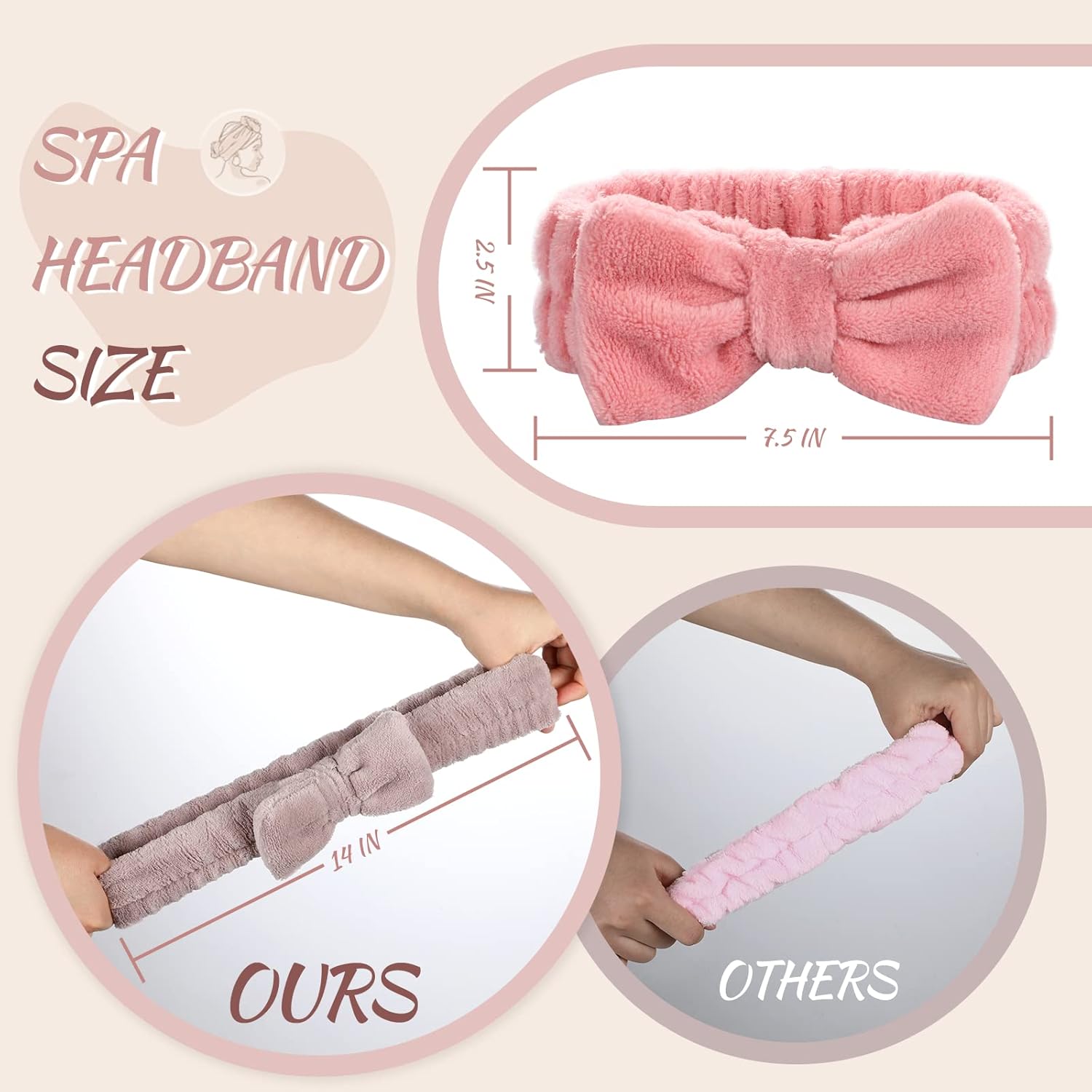 4 Pack Spa Headband for Washing Face, Girls Makeup Bow Tie Hair Band, Microfiber Women Headbands, Elastic Headband to Skincare, Gifts for Teen Girls- White, Brown, Rose Pink, Light Pink - Image 2