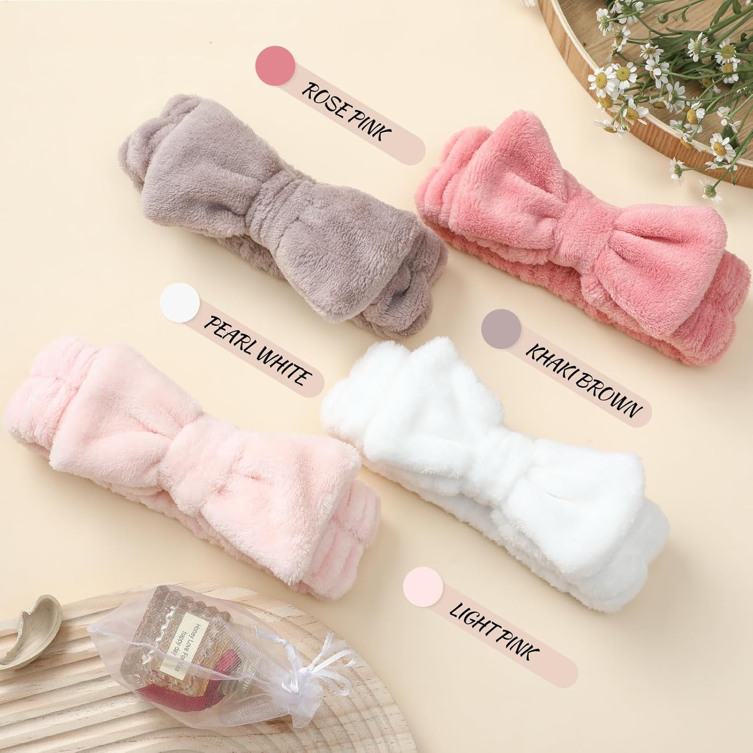 4 Pack Spa Headband for Washing Face, Girls Makeup Bow Tie Hair Band, Microfiber Women Headbands, Elastic Headband to Skincare, Gifts for Teen Girls- White, Brown, Rose Pink, Light Pink - Image 3