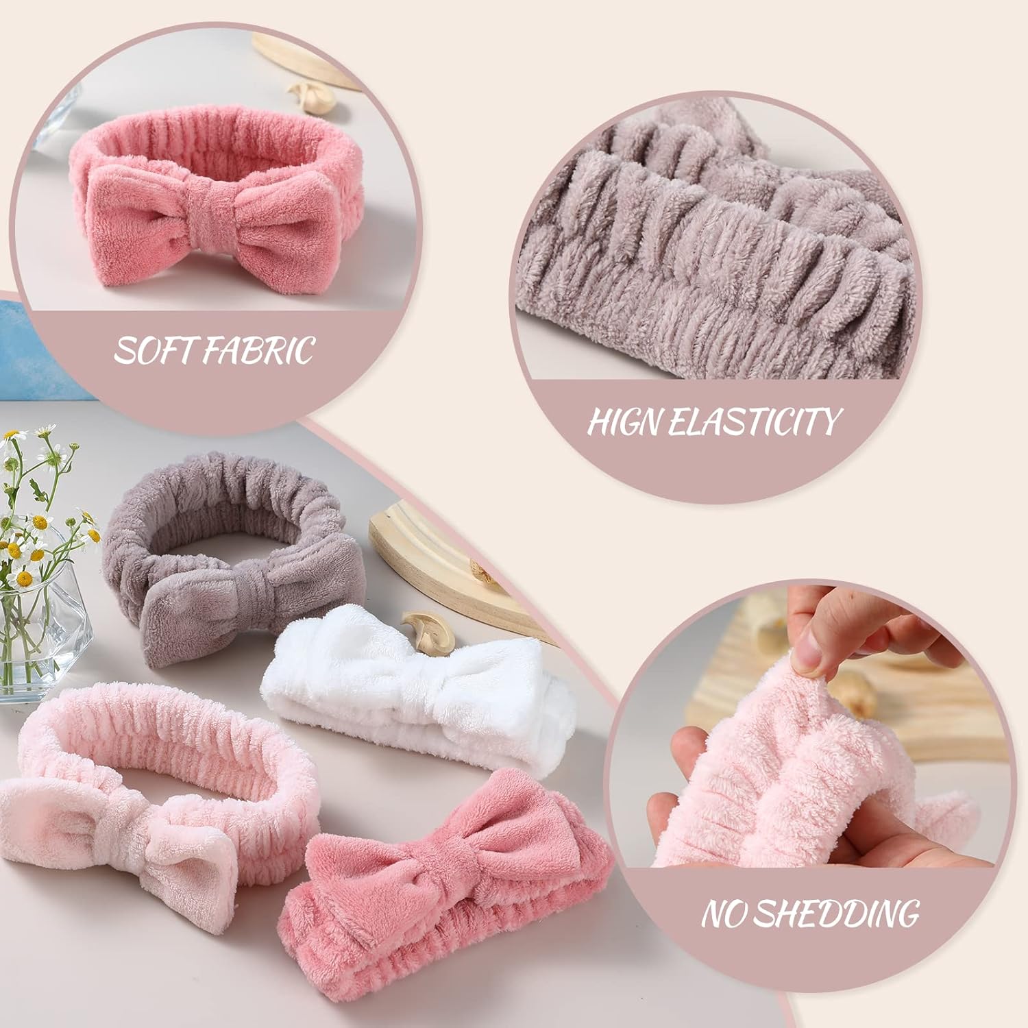 4 Pack Spa Headband for Washing Face, Girls Makeup Bow Tie Hair Band, Microfiber Women Headbands, Elastic Headband to Skincare, Gifts for Teen Girls- White, Brown, Rose Pink, Light Pink - Image 4