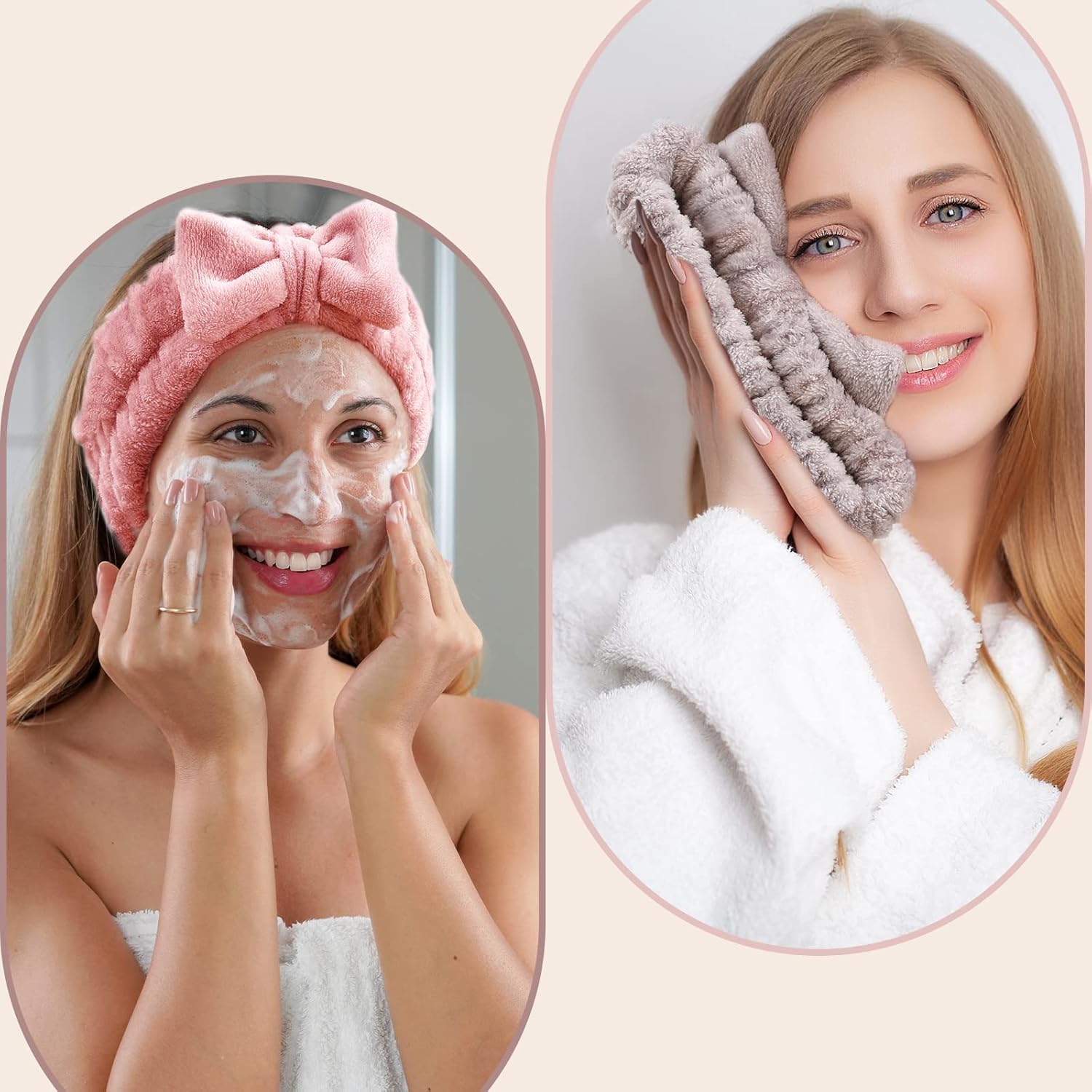 4 Pack Spa Headband for Washing Face, Girls Makeup Bow Tie Hair Band, Microfiber Women Headbands, Elastic Headband to Skincare, Gifts for Teen Girls- White, Brown, Rose Pink, Light Pink - Image 6