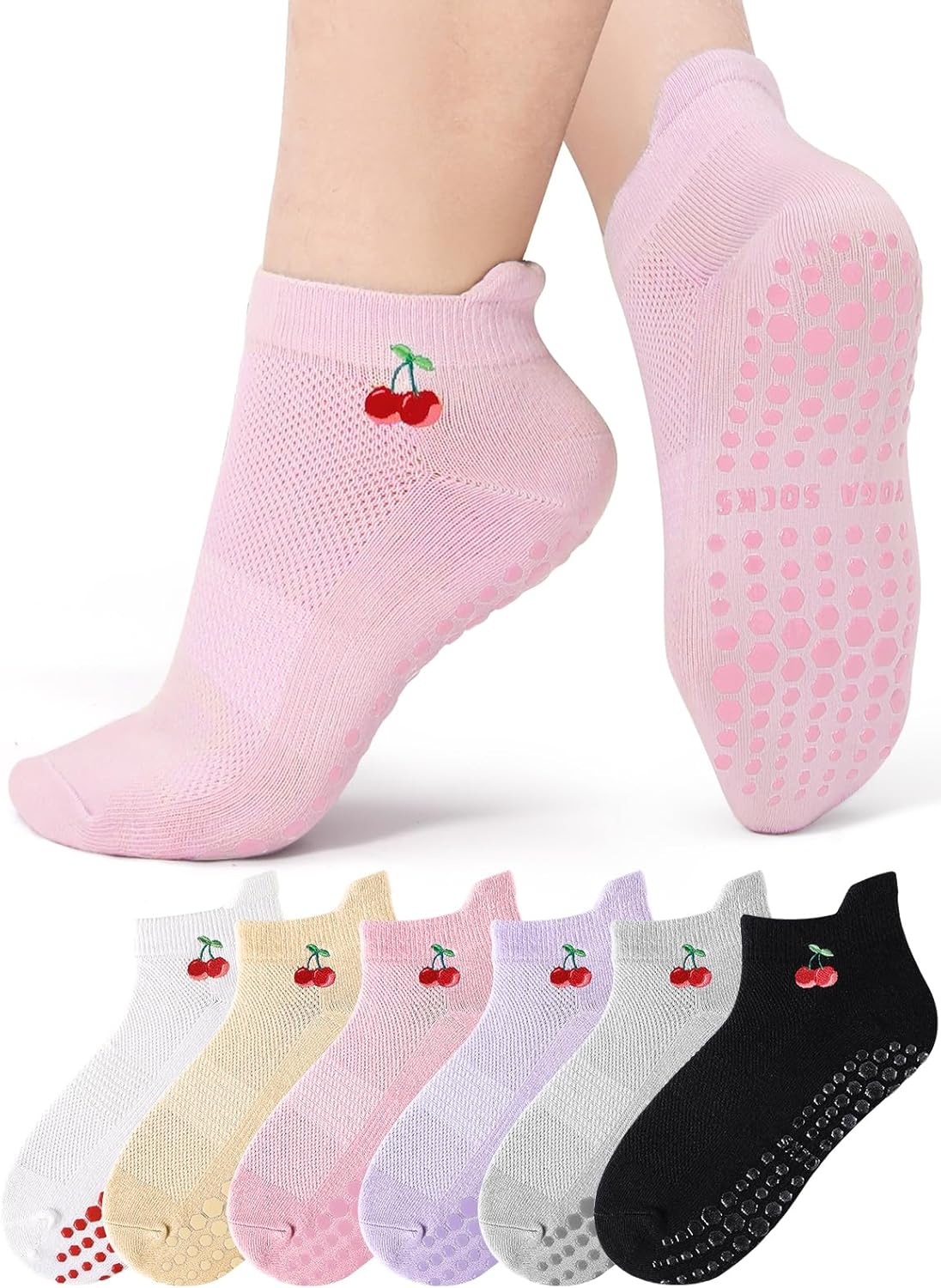 6 Pairs Grip Pilates Socks for Women, Grippy Non Slip Yoga Socks, Cute Cherry Grip Socks for Barre, Hospital, Athletic, Barefoot and Workout - Image 1