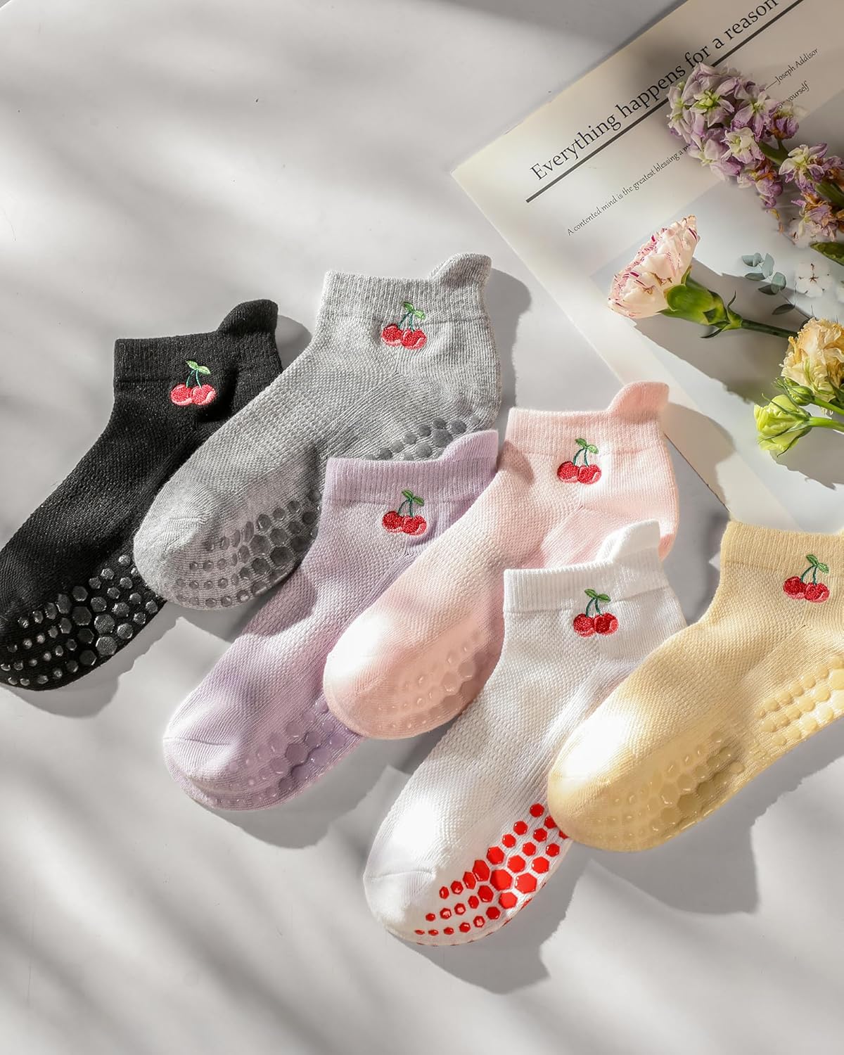 6 Pairs Grip Pilates Socks for Women, Grippy Non Slip Yoga Socks, Cute Cherry Grip Socks for Barre, Hospital, Athletic, Barefoot and Workout - Image 2