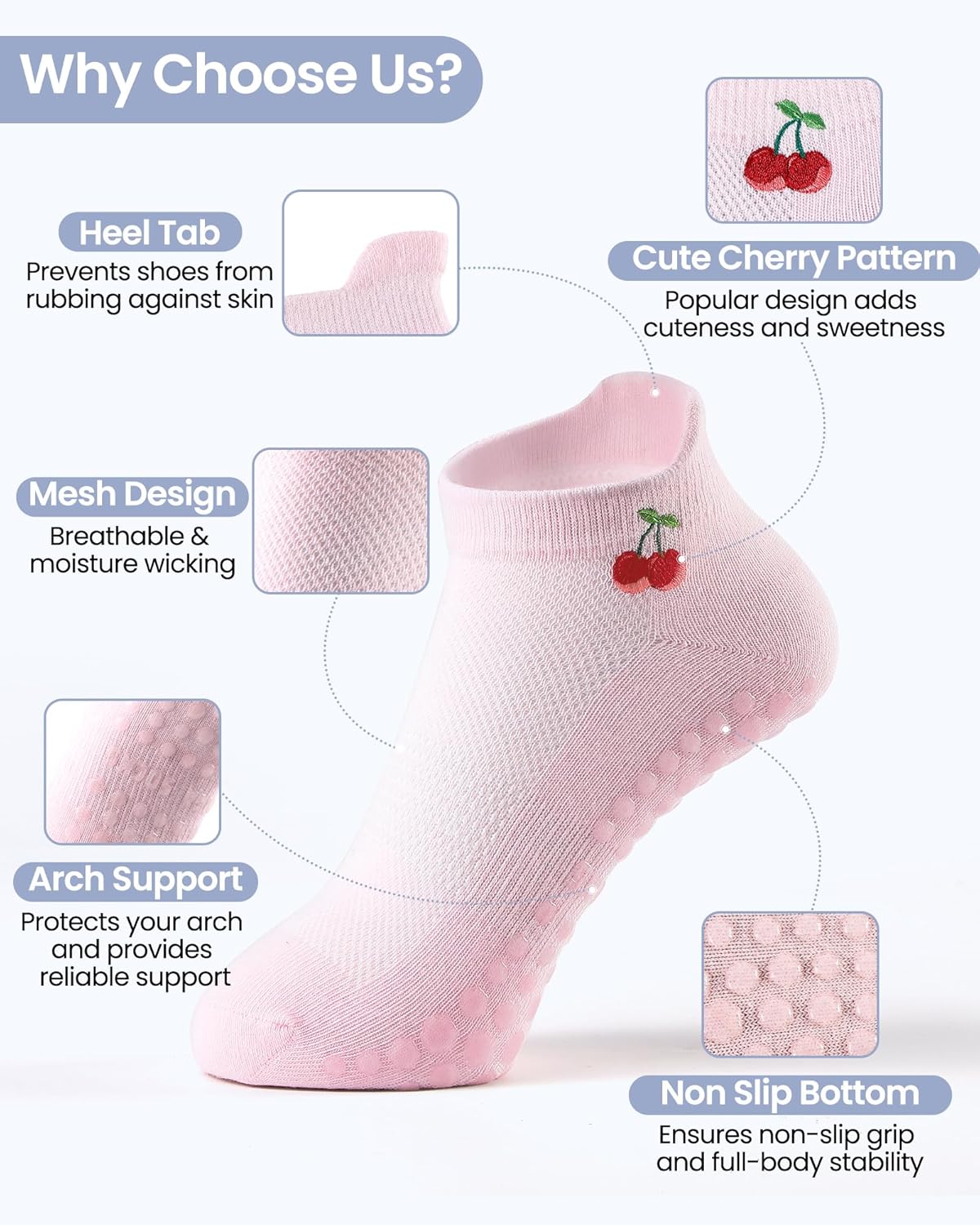 6 Pairs Grip Pilates Socks for Women, Grippy Non Slip Yoga Socks, Cute Cherry Grip Socks for Barre, Hospital, Athletic, Barefoot and Workout - Image 3