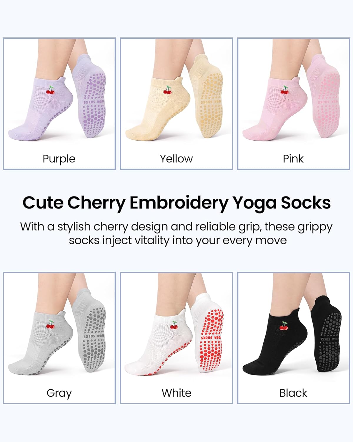 6 Pairs Grip Pilates Socks for Women, Grippy Non Slip Yoga Socks, Cute Cherry Grip Socks for Barre, Hospital, Athletic, Barefoot and Workout - Image 4