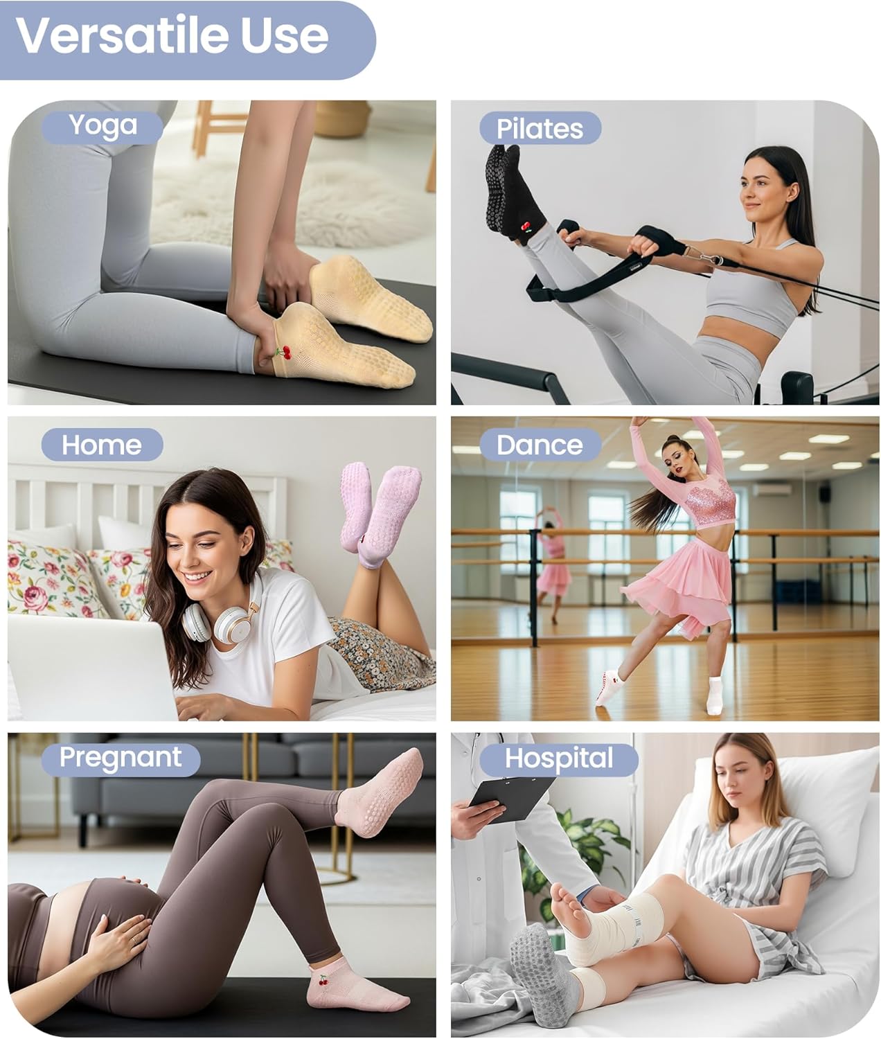 6 Pairs Grip Pilates Socks for Women, Grippy Non Slip Yoga Socks, Cute Cherry Grip Socks for Barre, Hospital, Athletic, Barefoot and Workout - Image 5