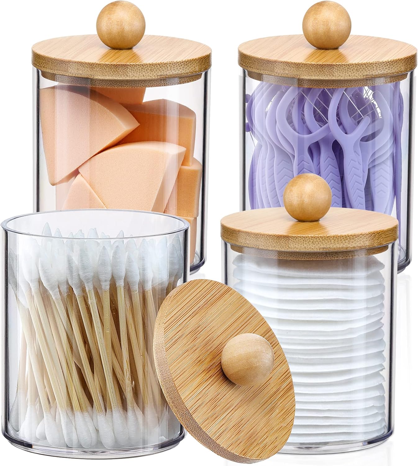 4 Pack Qtip Holder Dispenser with Bamboo Lids - 10 oz Clear Plastic Apothecary Jar Containers for Vanity Makeup Organizer Storage - Bathroom Accessories Set for Cotton Swab, Ball, Pads, Floss - Image 1