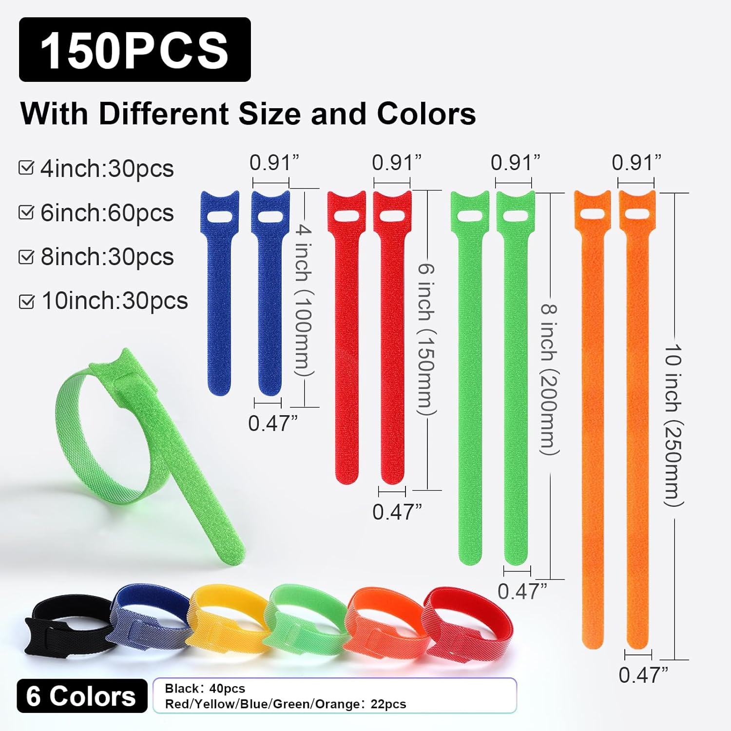 150PCS Cable Ties, 4+6+8+10 inch Multi-Colour Straps for Cable Management, Adjustable Fastening Cord Wraps, Multi-Purpose Reusable Hook and Loop for Home, Office and Garage - Image 2