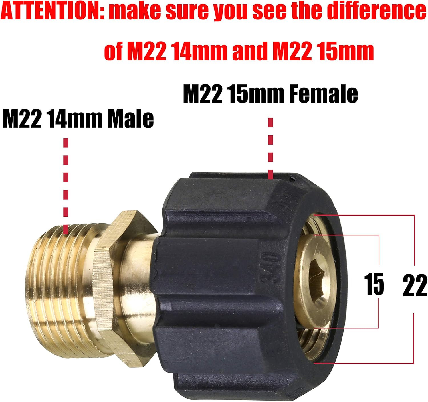 Pressure Washer Adapter, Metric M22 15mm Female Thread to M22 14mm Male Fitting, 4500 PSI - Image 2