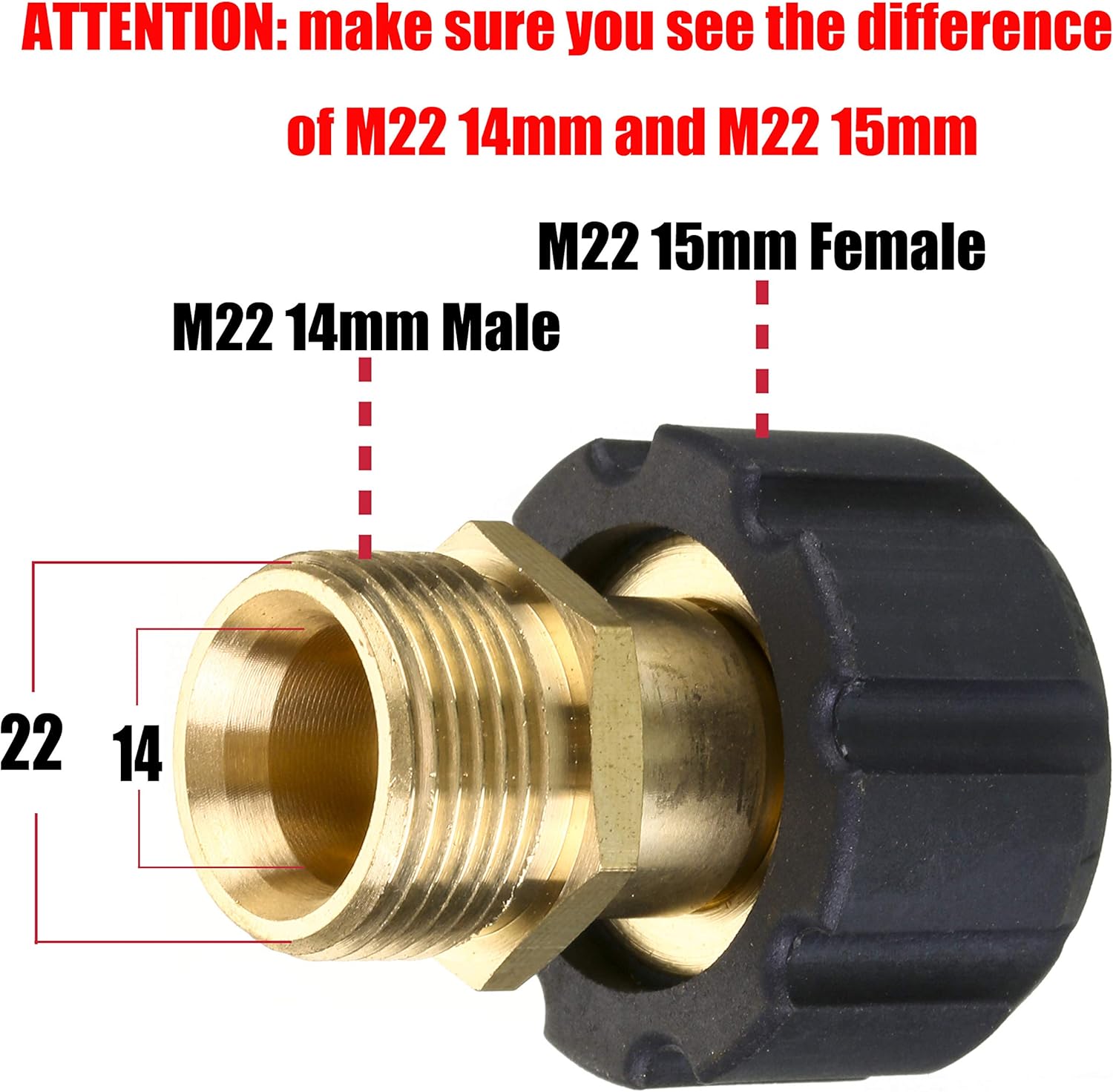 Pressure Washer Adapter, Metric M22 15mm Female Thread to M22 14mm Male Fitting, 4500 PSI - Image 3