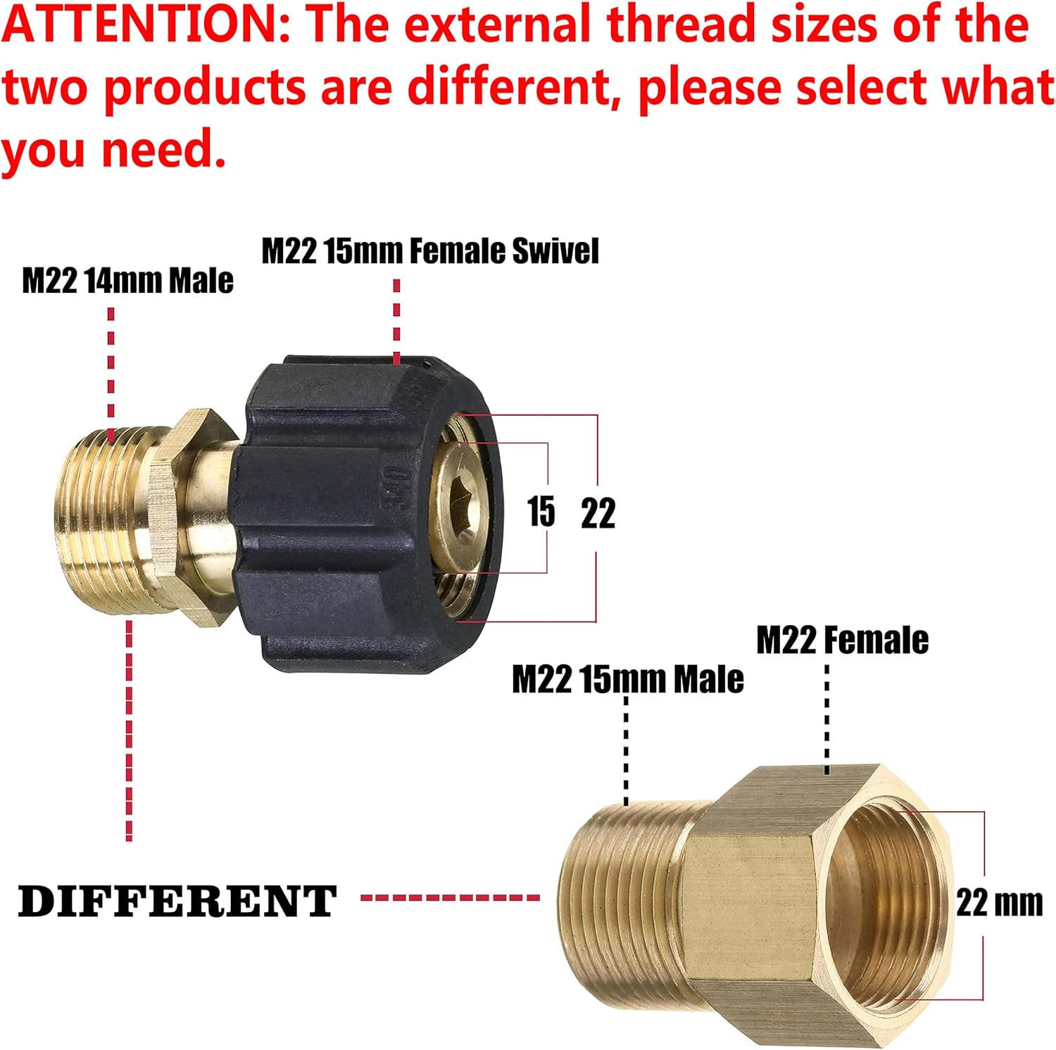 Pressure Washer Adapter, Metric M22 15mm Female Thread to M22 14mm Male Fitting, 4500 PSI - Image 4