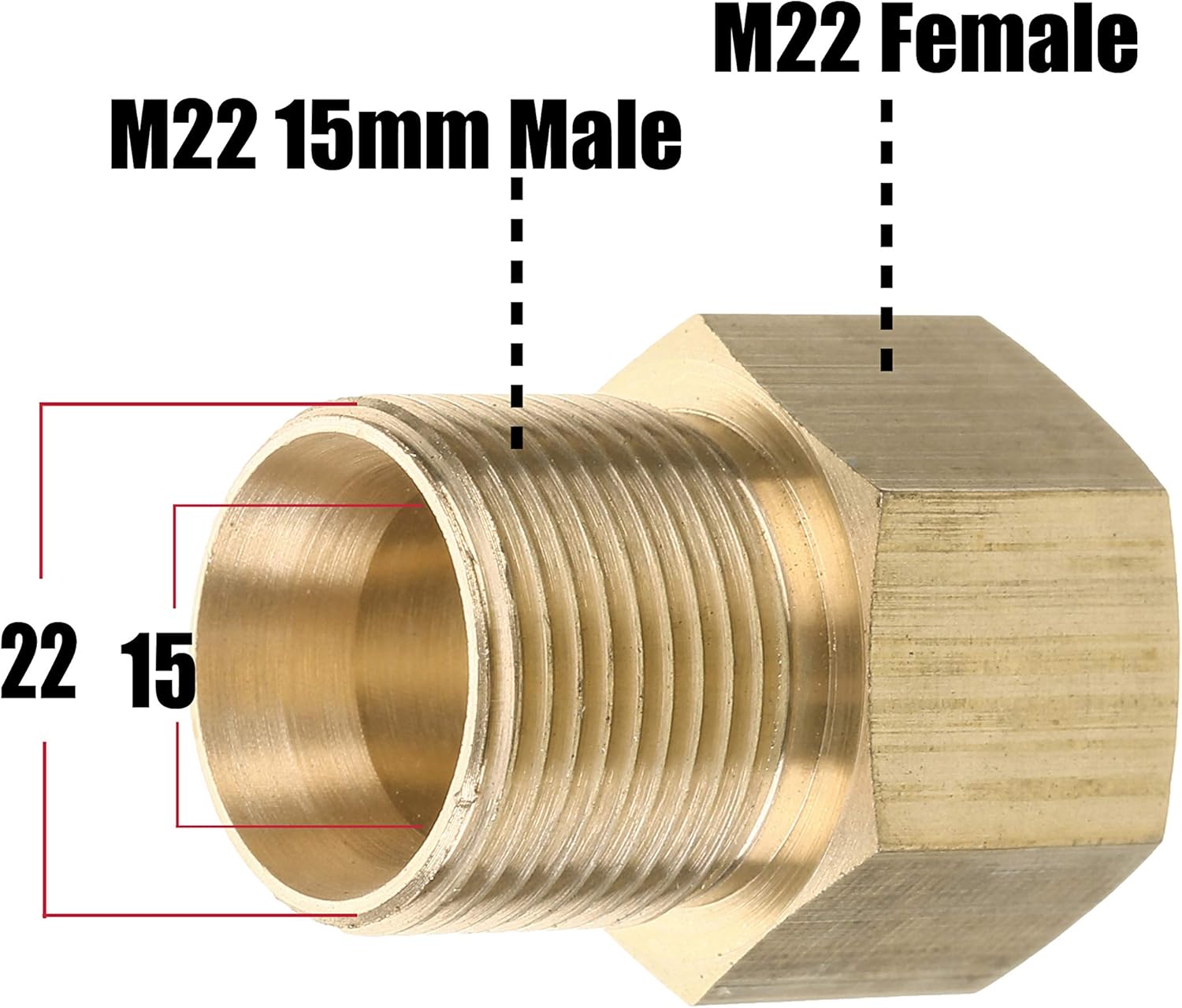 Pressure Washer Coupler, Metric M22 15mm Male Thread to M22 14mm Female Fitting, 4500 PSI - Image 3