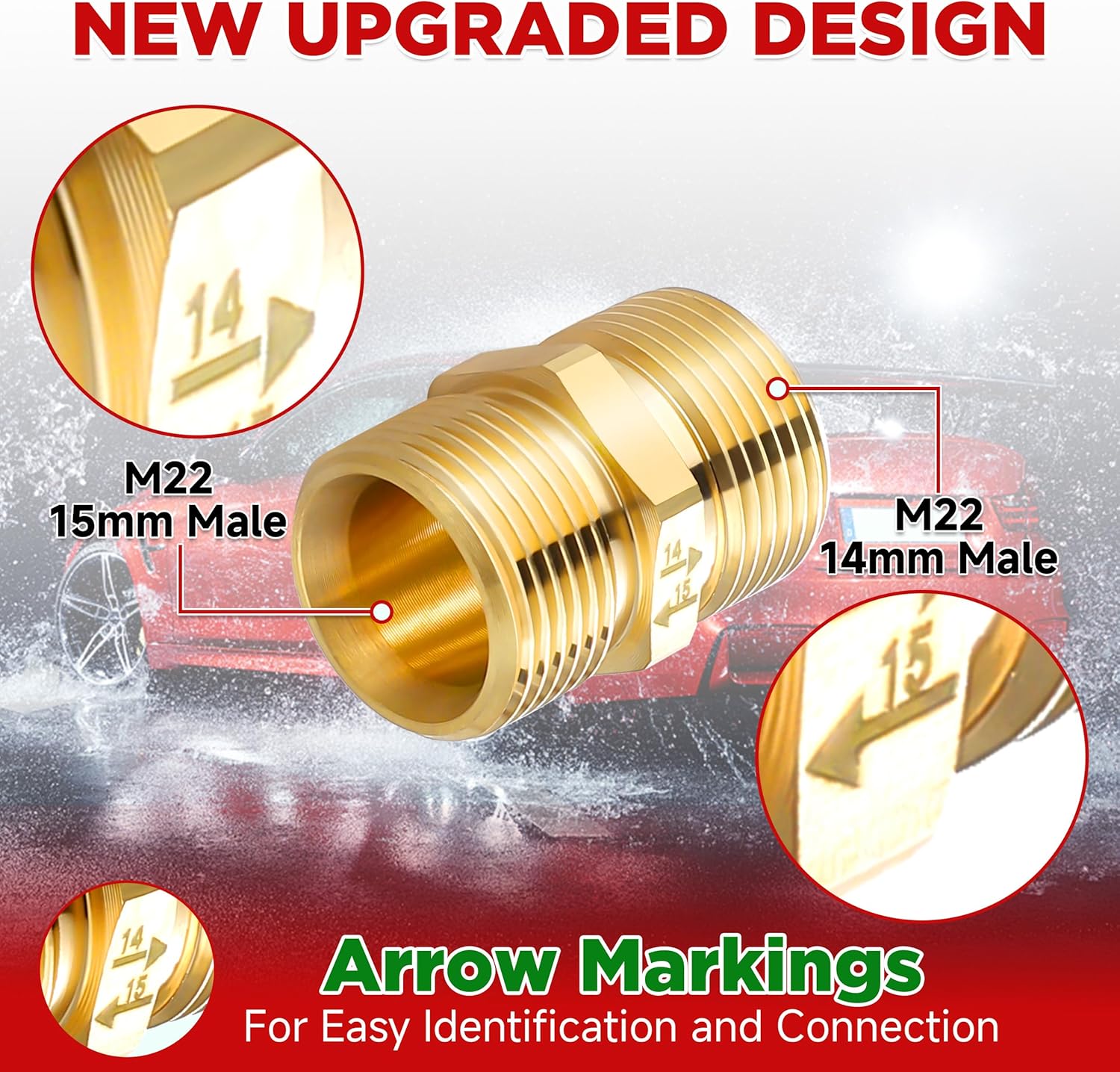 Pressure Washer Adapter, Metric M22 15mm Male Thread to M22 14mm Male Fitting, 4500 PSI, 2 Pack - Image 3