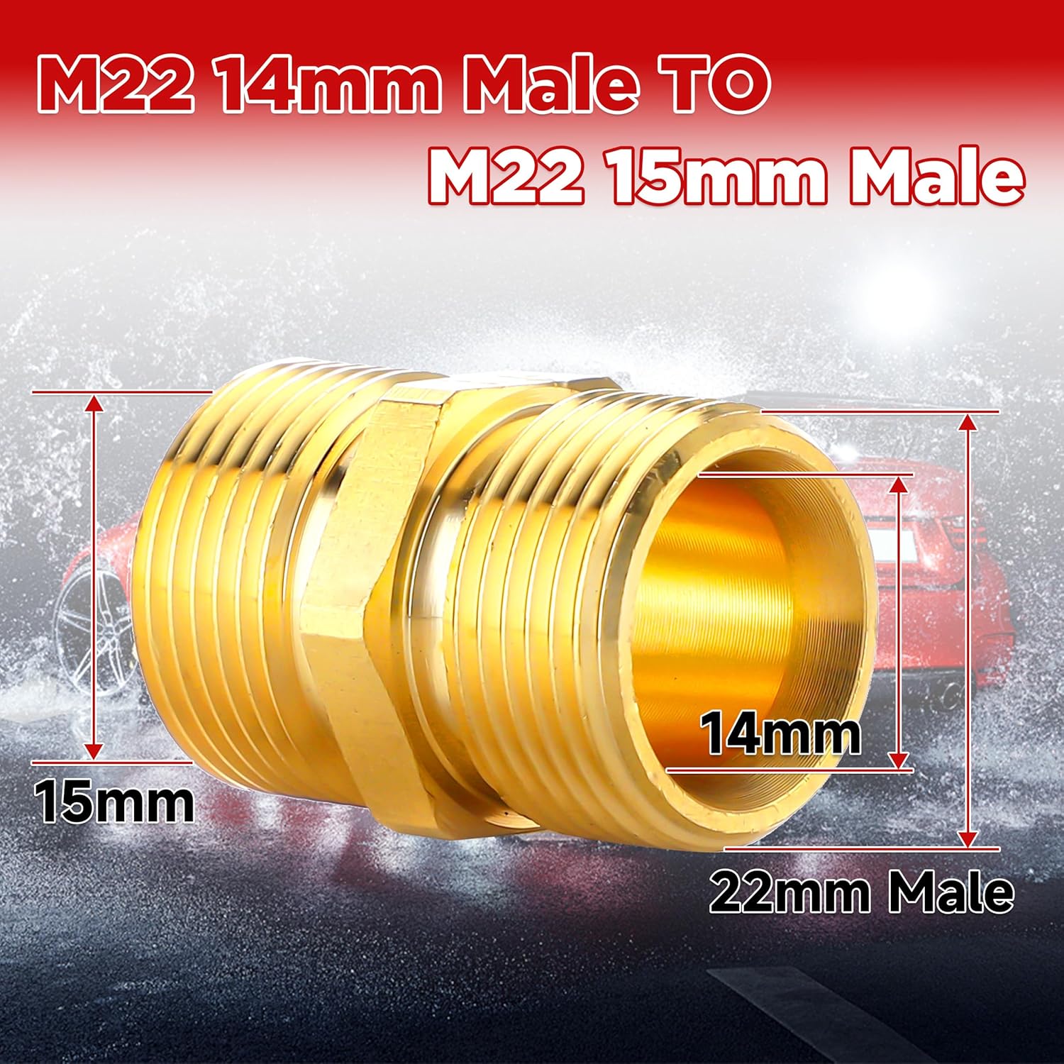 Pressure Washer Coupler, Metric M22 15mm Male Thread to M22 14mm Male Fitting, 4500 PSI - Image 2