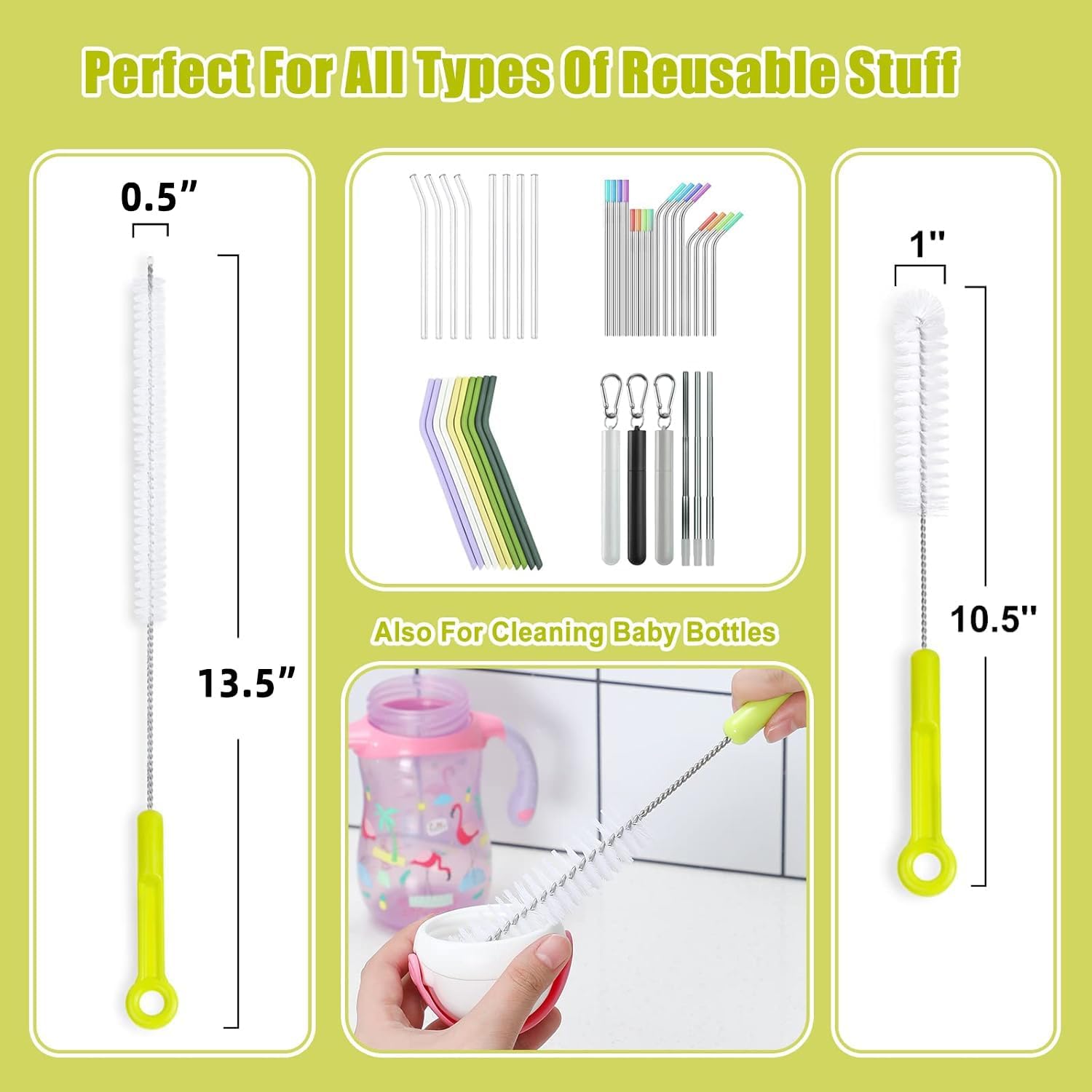Bottle Cleaning Brush Set - Long Handle Bottle Cleaner for Washing Narrow Neck Beer Bottles, Sports Water Bottles with Straw Brush, Kettle Spout/Lid Cleaner Brushes - Image 2