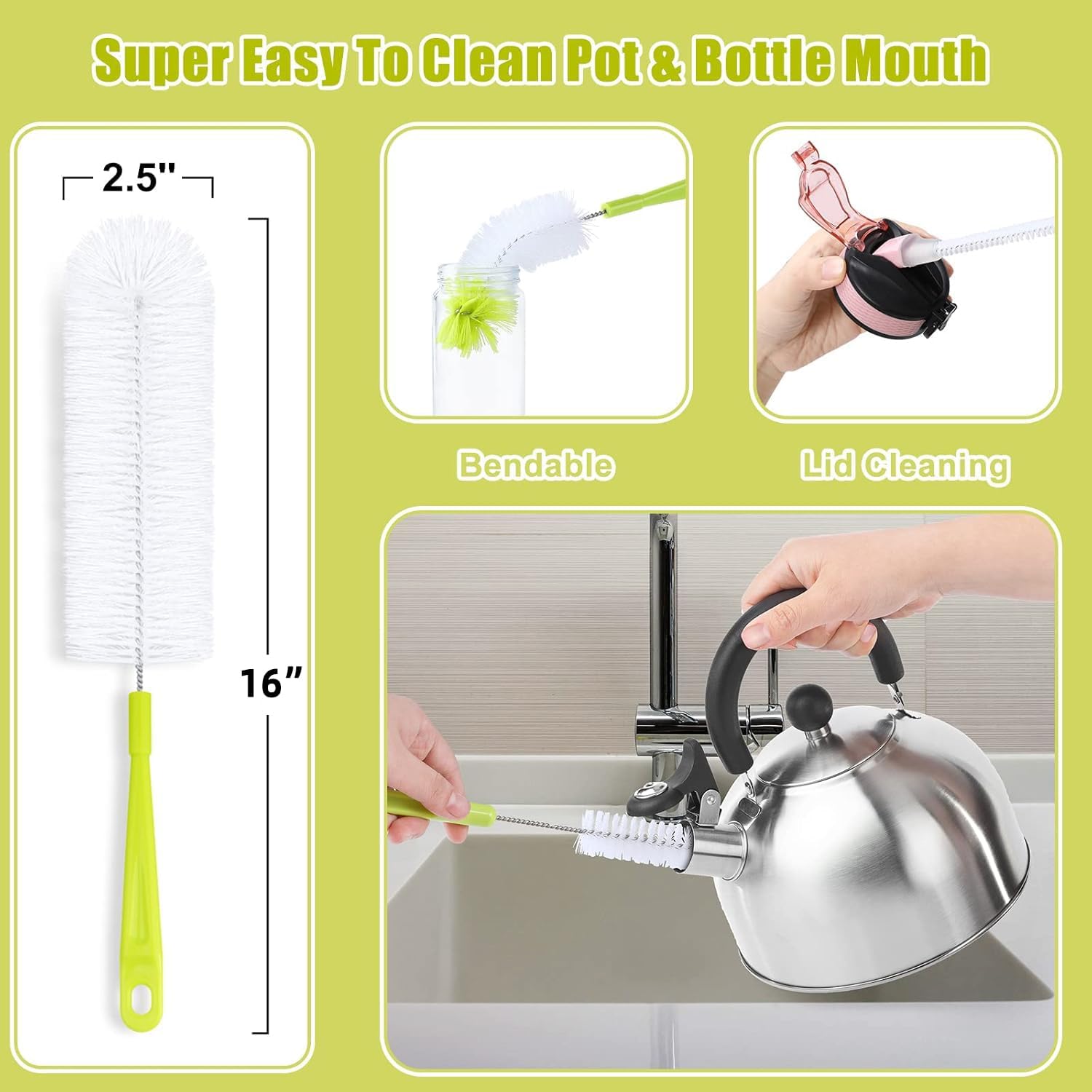Bottle Cleaning Brush Set - Long Handle Bottle Cleaner for Washing Narrow Neck Beer Bottles, Sports Water Bottles with Straw Brush, Kettle Spout/Lid Cleaner Brushes - Image 3