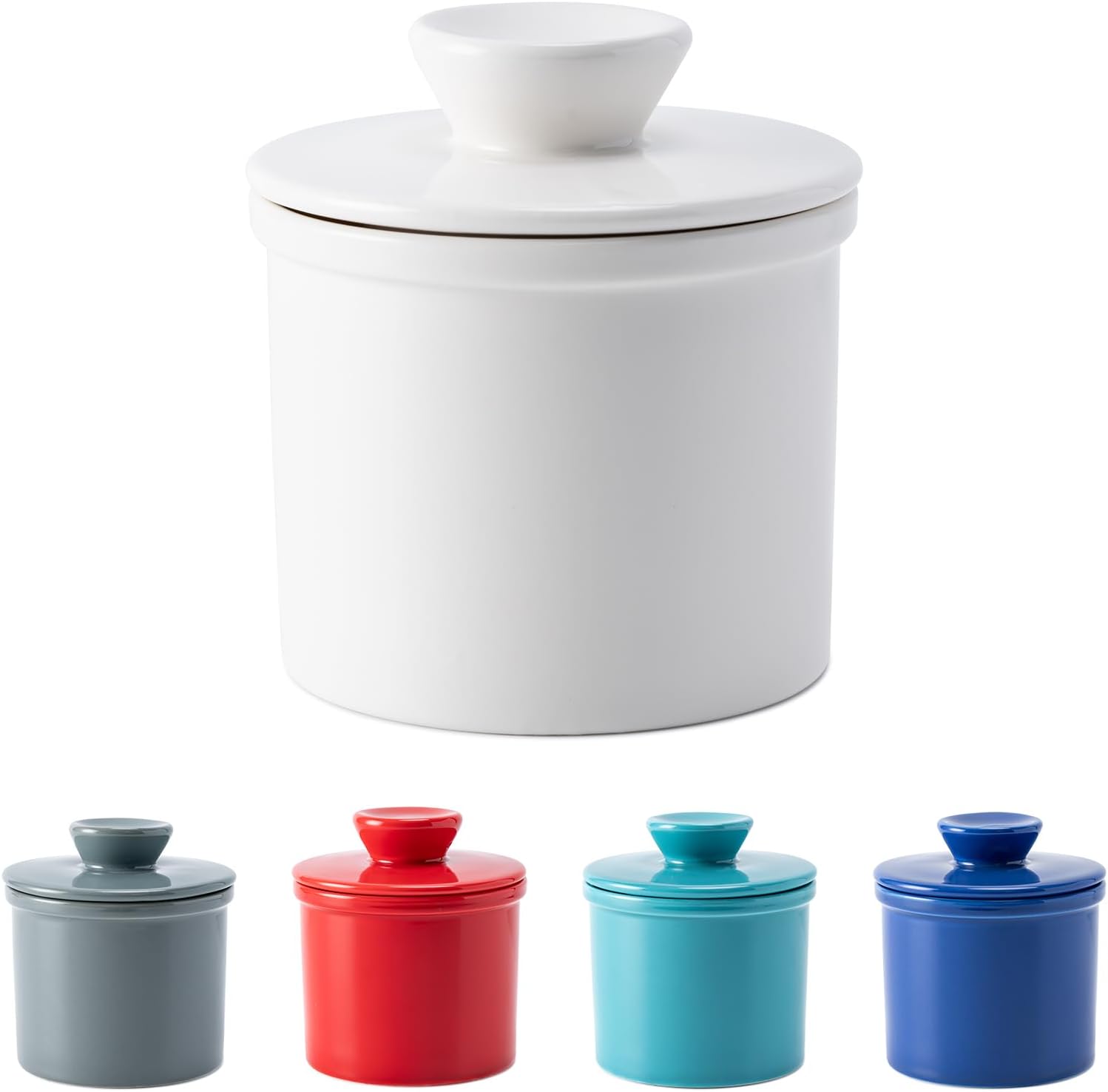 Butter Crock With Water Line for Countertop, French Dish With Lid, Ceramic Keeper for Fresh Spreadable Butter, Container Holder for Kitchen and Home Decor, White - Image 1