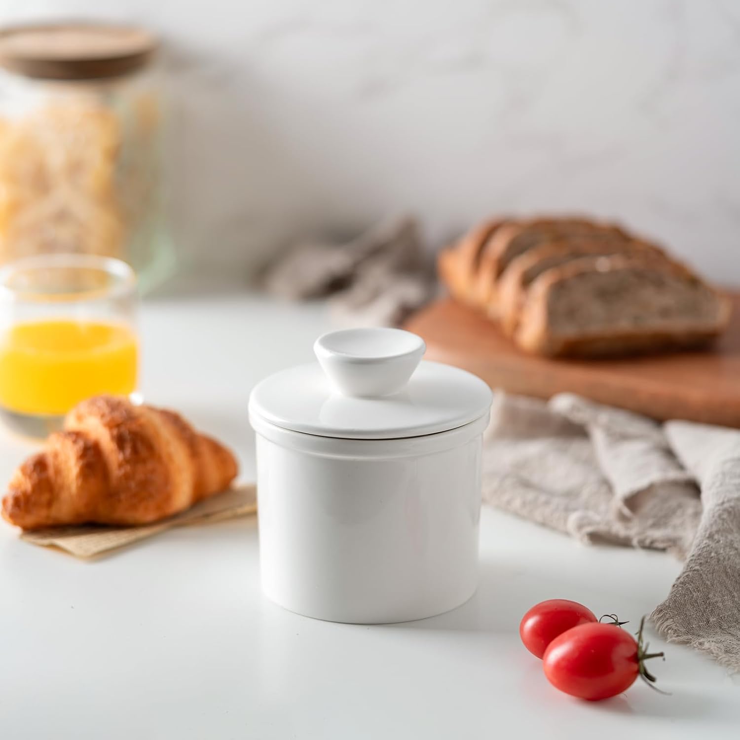 Butter Crock With Water Line for Countertop, French Dish With Lid, Ceramic Keeper for Fresh Spreadable Butter, Container Holder for Kitchen and Home Decor, White - Image 3