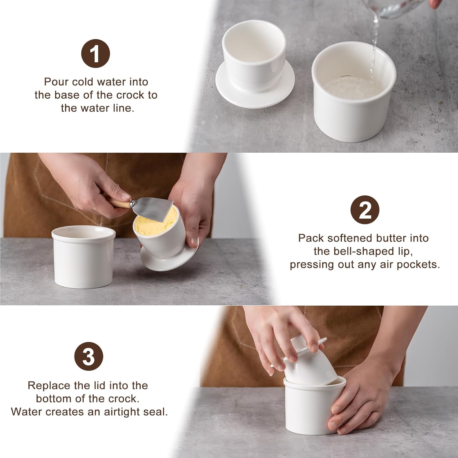 Butter Crock With Water Line for Countertop, French Dish With Lid, Ceramic Keeper for Fresh Spreadable Butter, Container Holder for Kitchen and Home Decor, White - Image 6