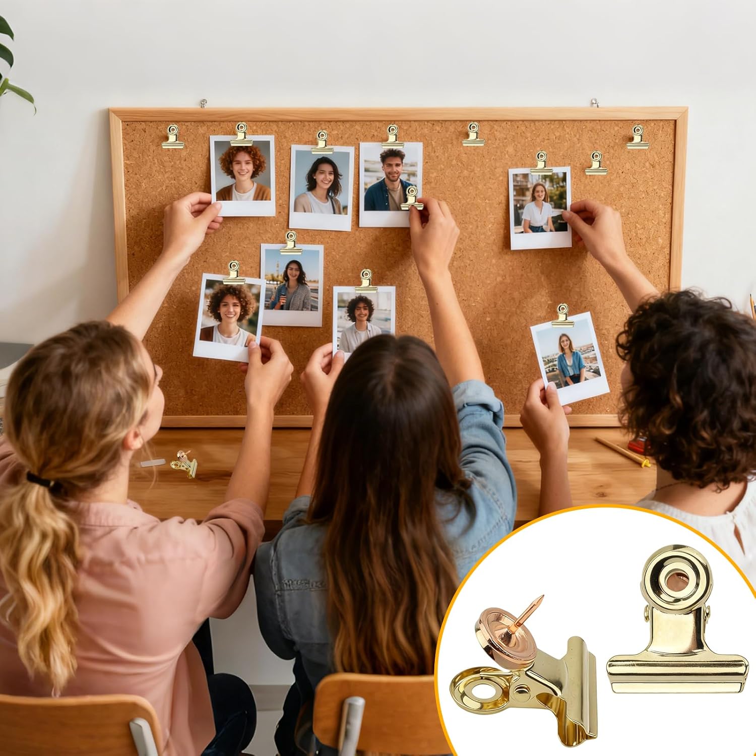20Pcs Push Pins Clips Gold - Metal Bulldog Clips with Pushpin - Cork Board Thumb Tacks for Home Office School Artworks Projects on Cork Photos Documents on Bulletin Board - No Holes for The Paper - Image 2