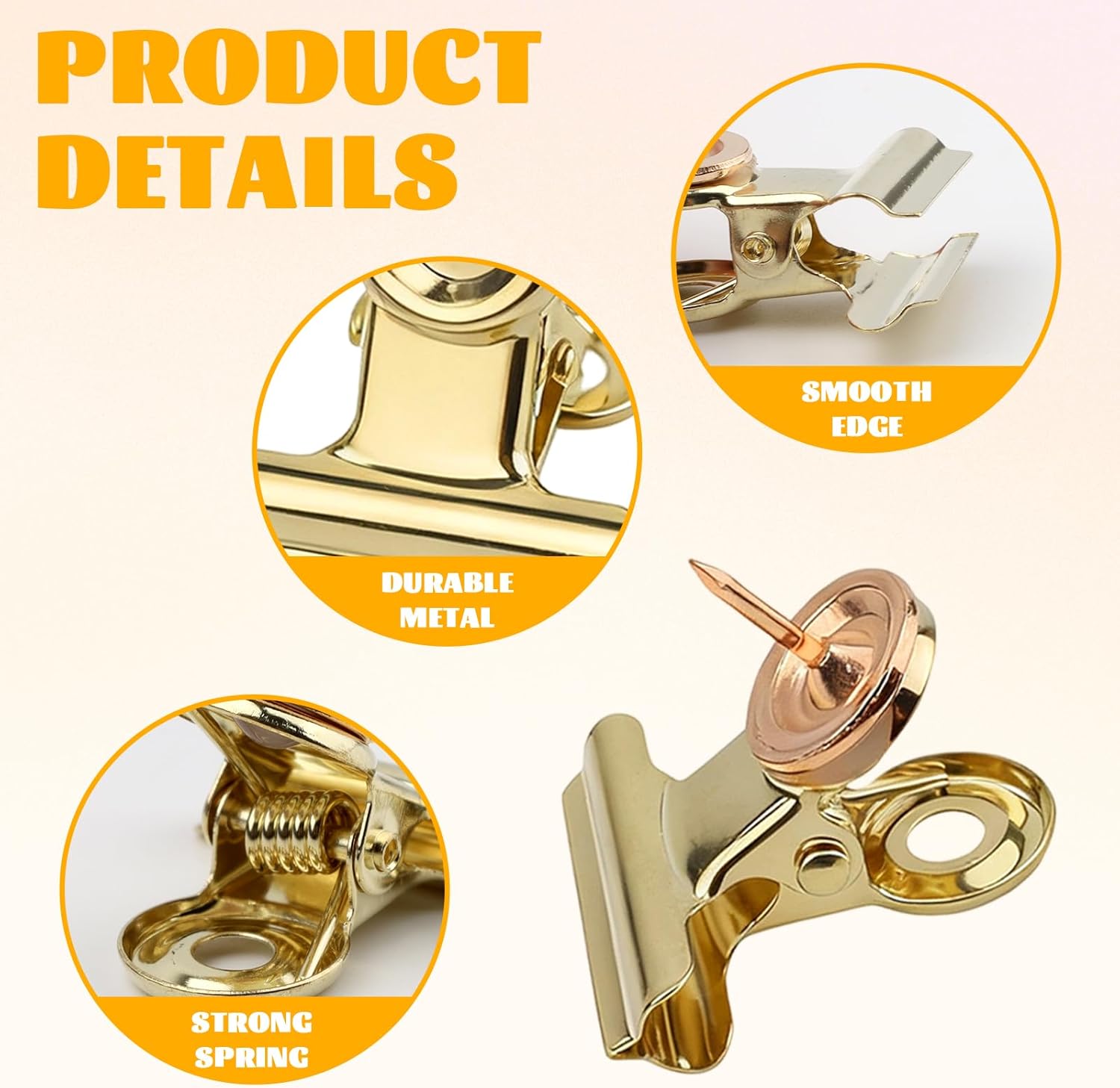 20Pcs Push Pins Clips Gold - Metal Bulldog Clips with Pushpin - Cork Board Thumb Tacks for Home Office School Artworks Projects on Cork Photos Documents on Bulletin Board - No Holes for The Paper - Image 4