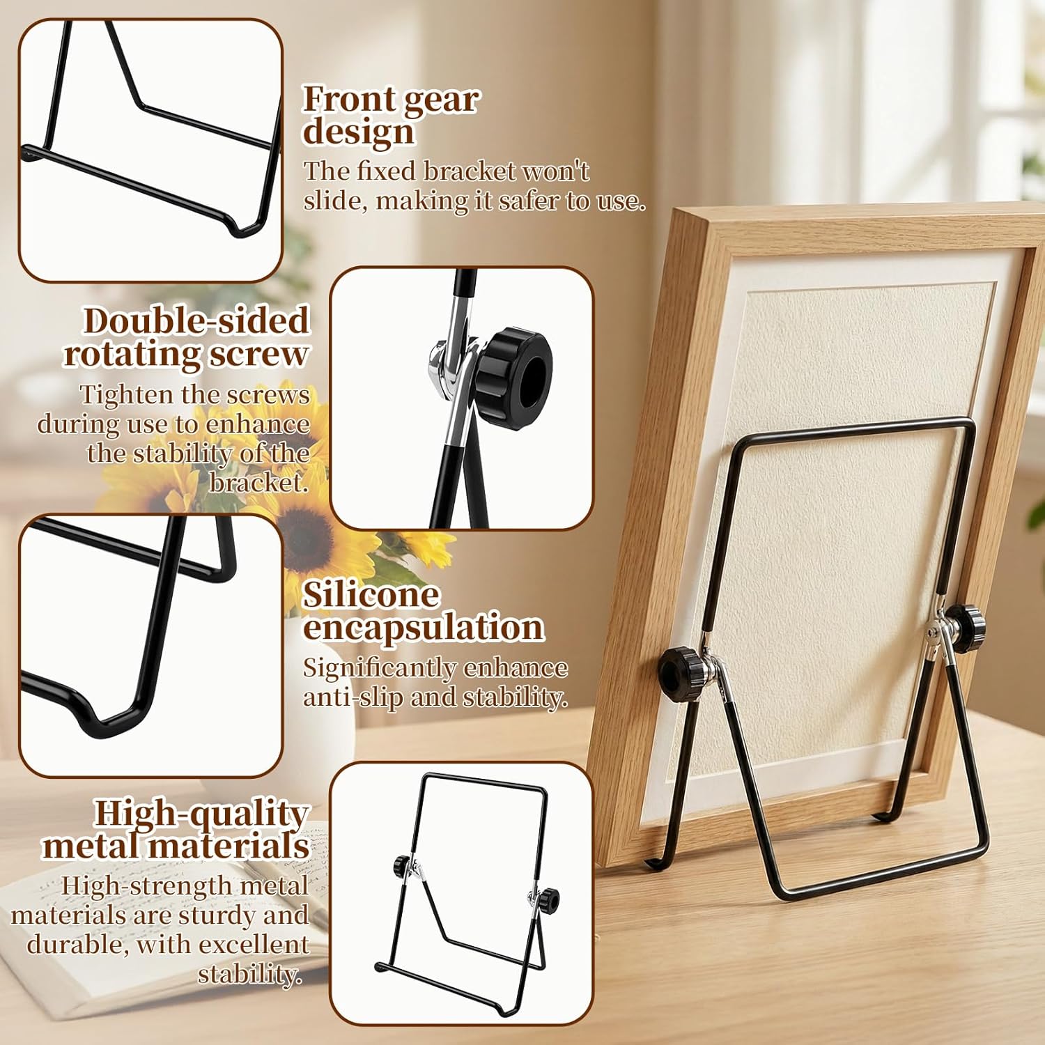 Frame Stand Replacement Compatible with FrameoDigital - Adjustable & Foldable Photo Frame Holders Fits for 7-11'' Display Photo Frame,Book and Platter, Tabletop Art, Metal Black - Image 3