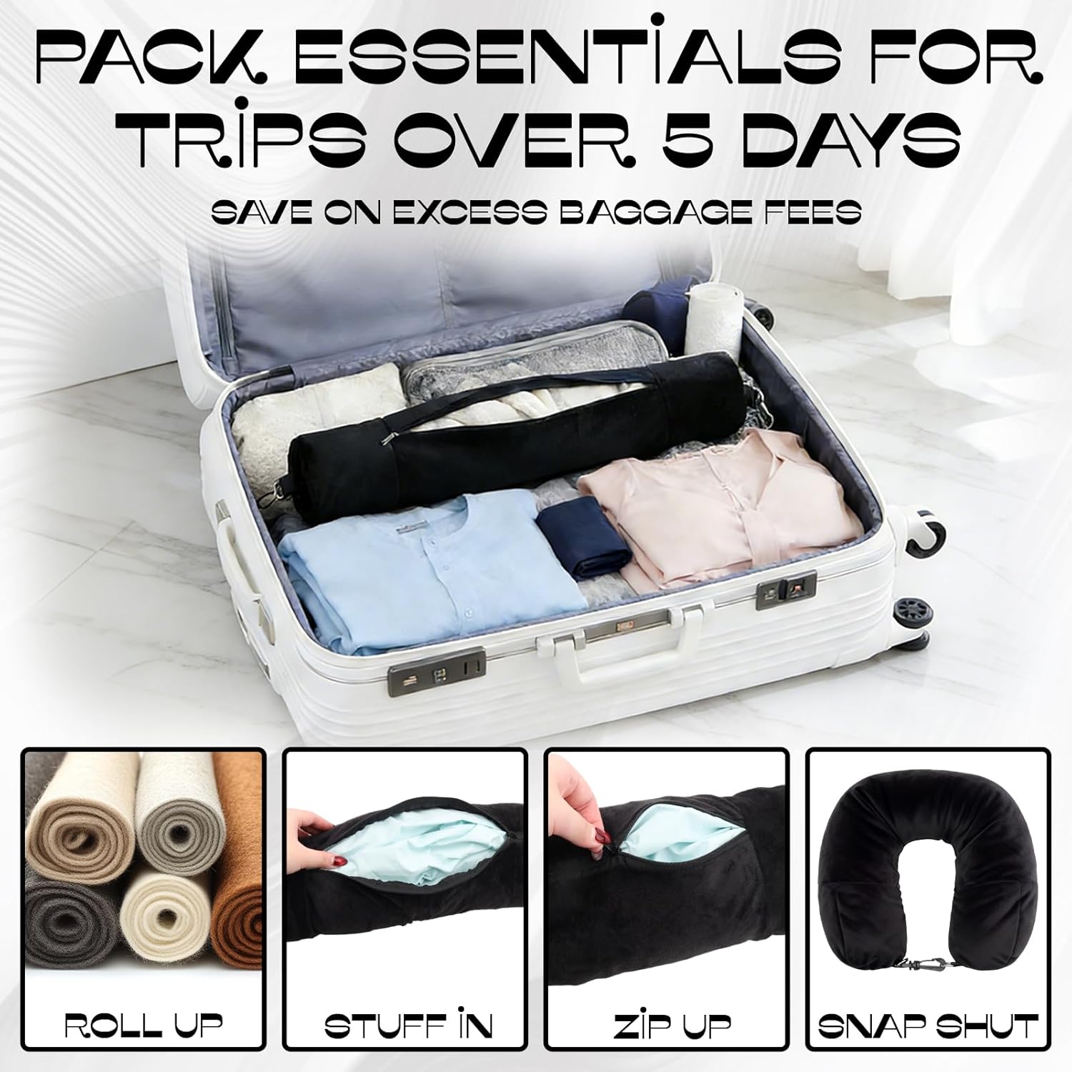 1-Pack Stuffable Travel Pillow for Extra Luggage - Travel Neck Pillow with Adjustable Neck Size - Multifunctional Velvet Neck Pillowcas - Sleeping Rest Cushion Travel Essentials - Image 4