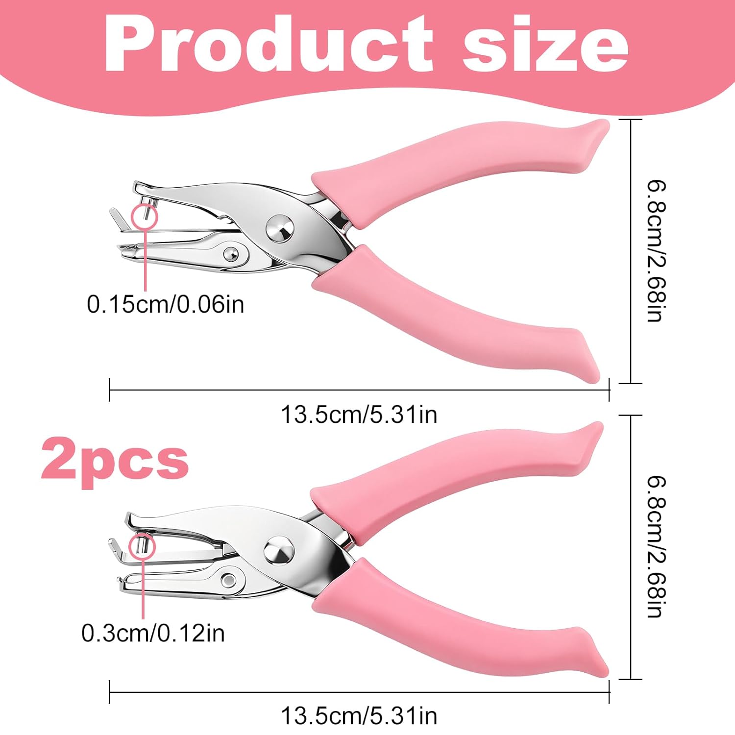 2-Pack Single Hole Punch - 1.5mm & 3mm Dot Paper Hole Puncher for Crafts - One Hole Puncher with Soft Grip Handle - Handheld Circle Punch for Paper Crafts in Home, Office, Classroom Pink - Image 1