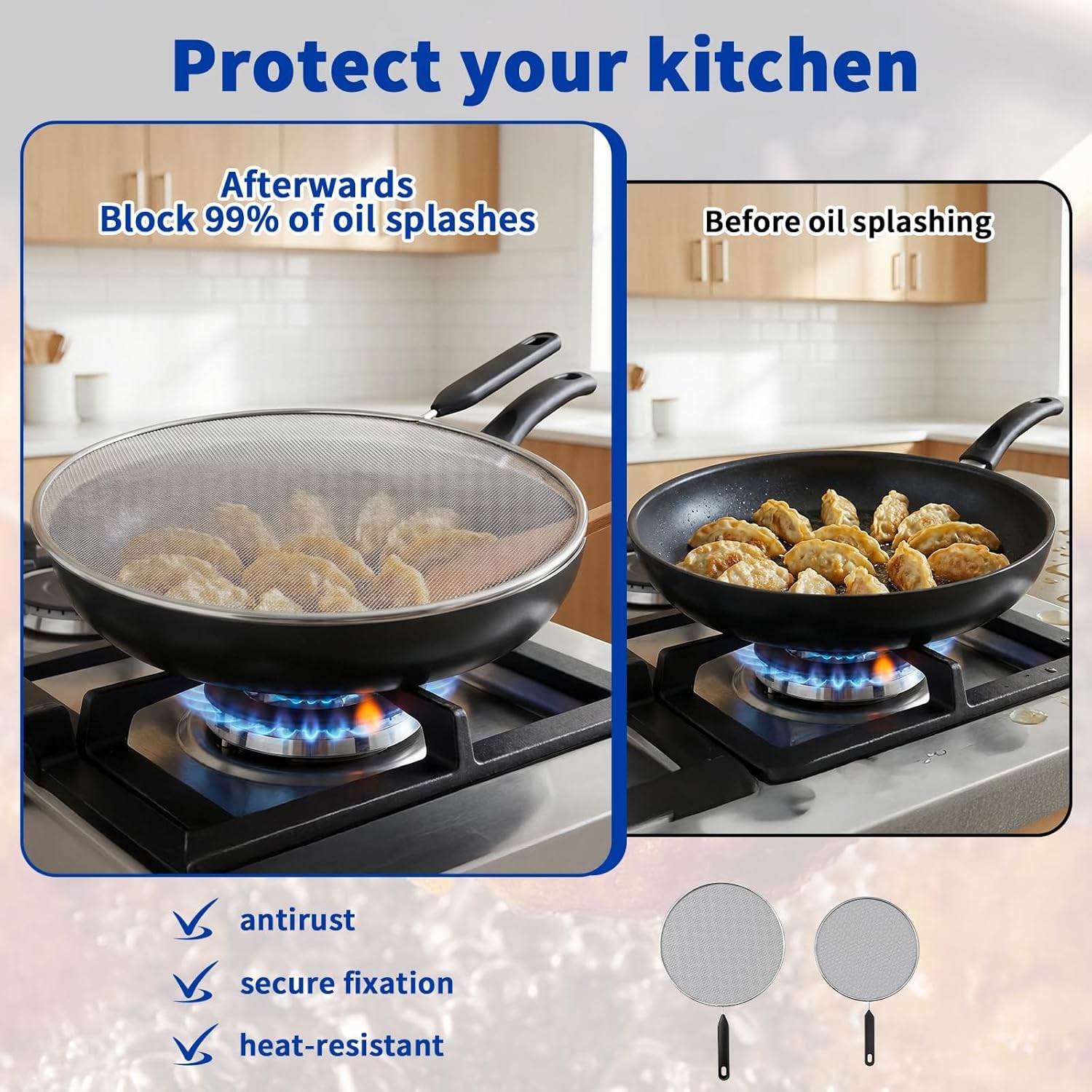 2-Pack Splatter Screen for Frying Pan - 8'' 10'' Stainless Steel Grease Splatter Guard - Cover Oil Splash when Sizzling Bacon - Fine Mesh Cover, Splatter Screen for Frying Pan, Cooking Pots - Image 4