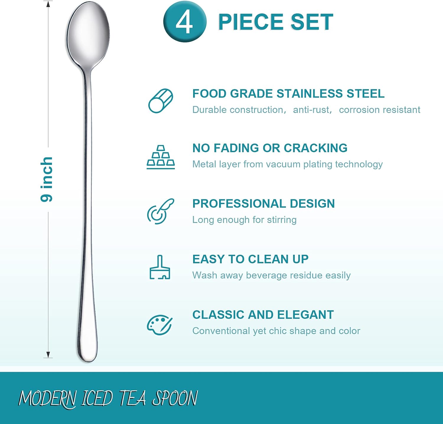 9-Inch Long Handle Iced Tea Spoon, Coffee Spoon, Ice Cream Spoons, Stainless Steel Cocktail Stirring Spoons, Set of 4 - Image 2