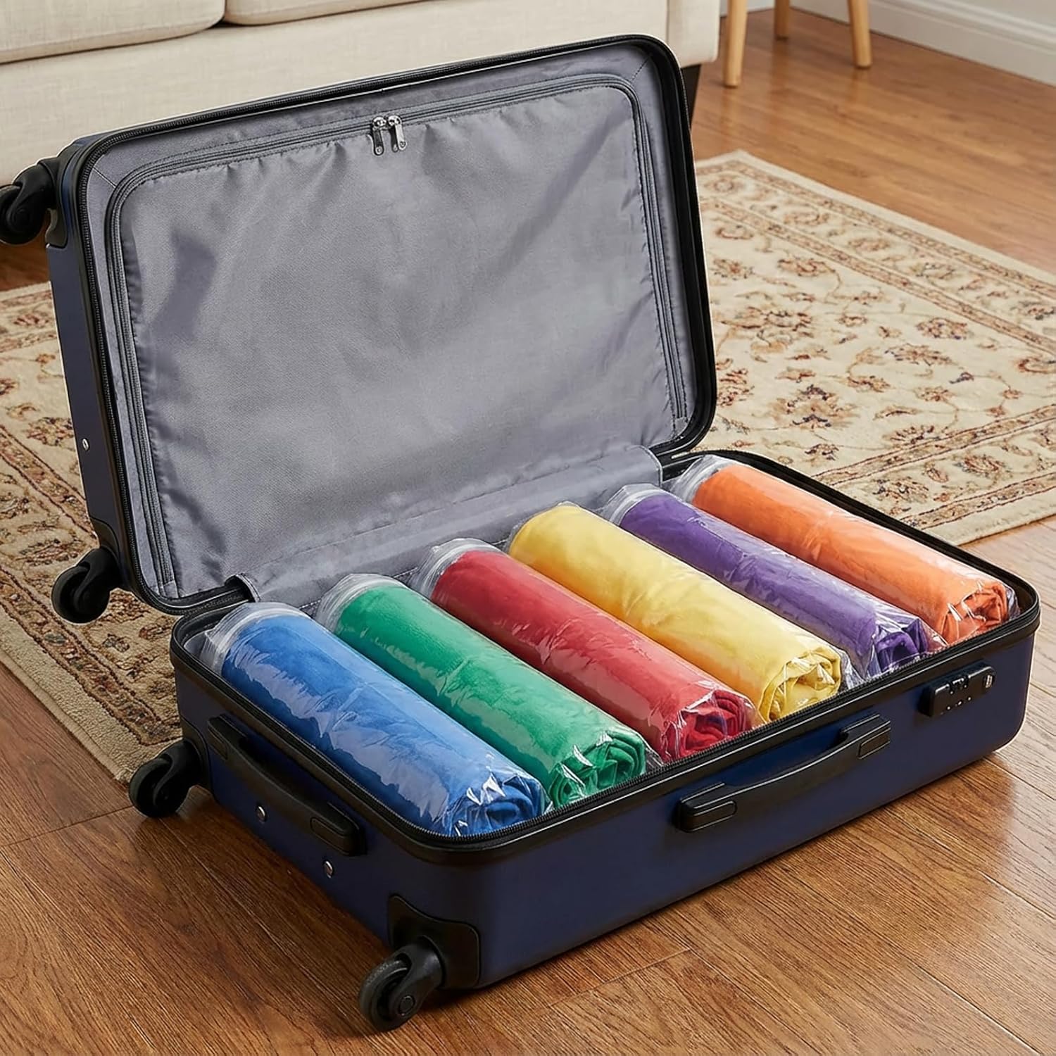 4-Pack Vacuum Compression Space Saving Storage Bags - 13.8 x19.7in Roll-Up Travel Vacuum Seal Bags for Clothing Packing, Cruise Accessories, Luggage & Home Organizers - No Vacuum or Pump Needed - Image 3