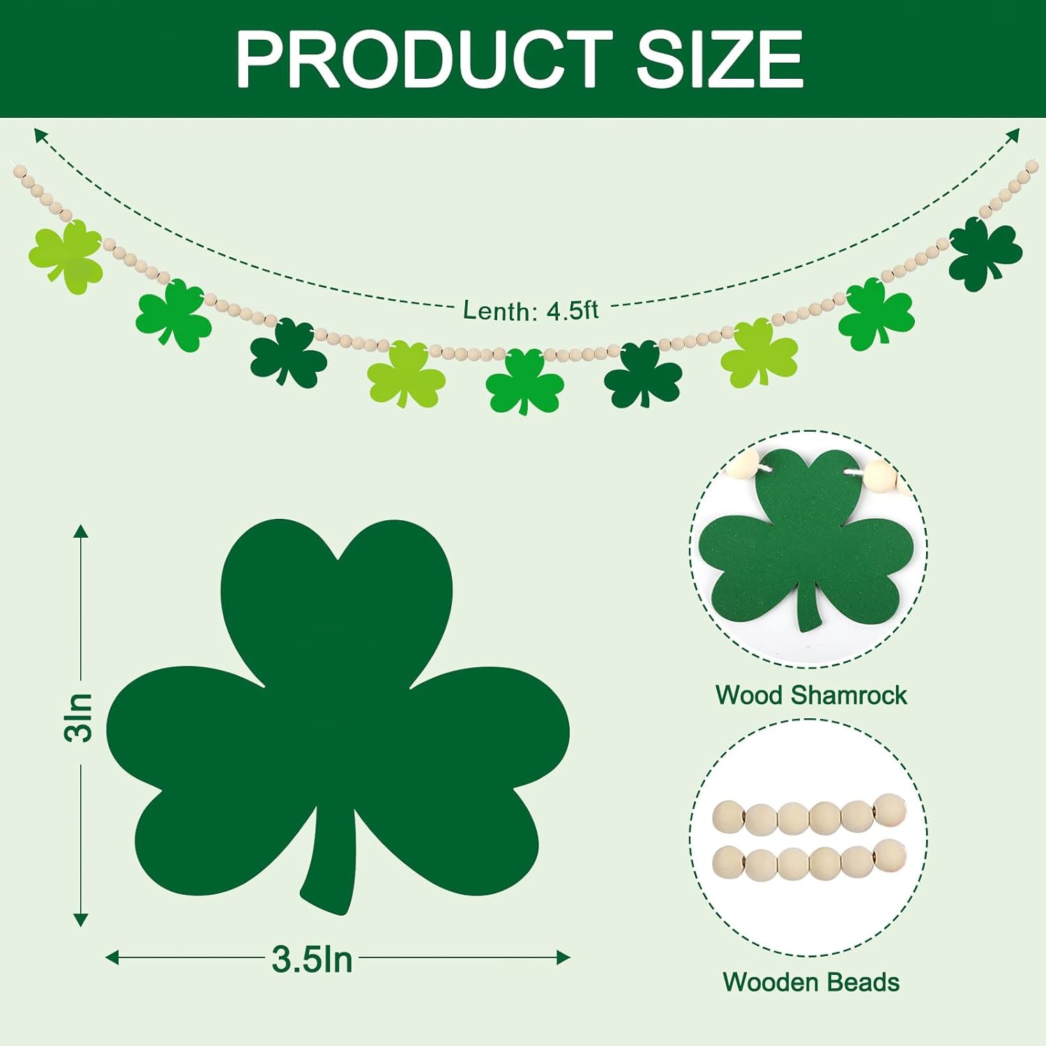 4.5 FT St.Patrick’s Day Shamrock Garland for Decorations, Wood Green Garland with Beads NO DIY, Clover St Patricks Banner Garlands for Mantle, Fireplace, Party Home Decor （Shamrock） - Image 1