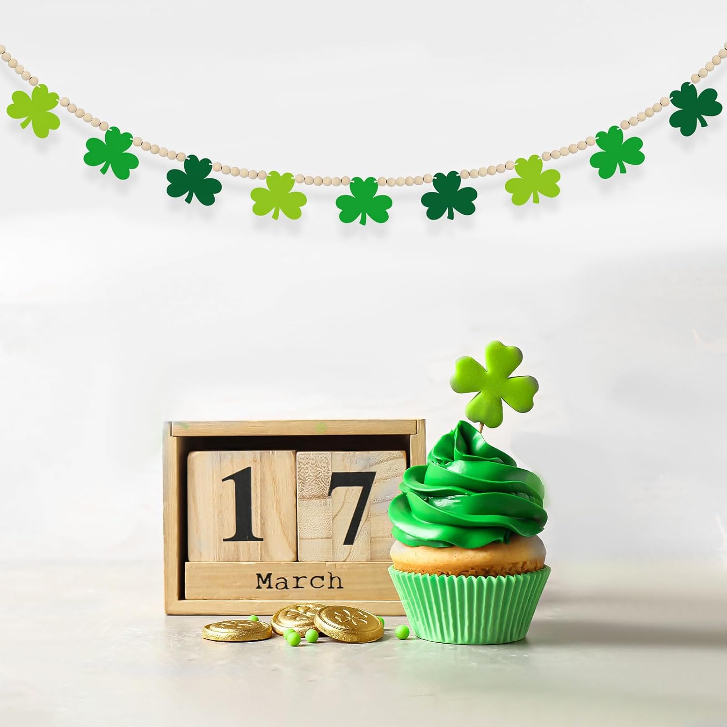 4.5 FT St.Patrick’s Day Shamrock Garland for Decorations, Wood Green Garland with Beads NO DIY, Clover St Patricks Banner Garlands for Mantle, Fireplace, Party Home Decor （Shamrock） - Image 3