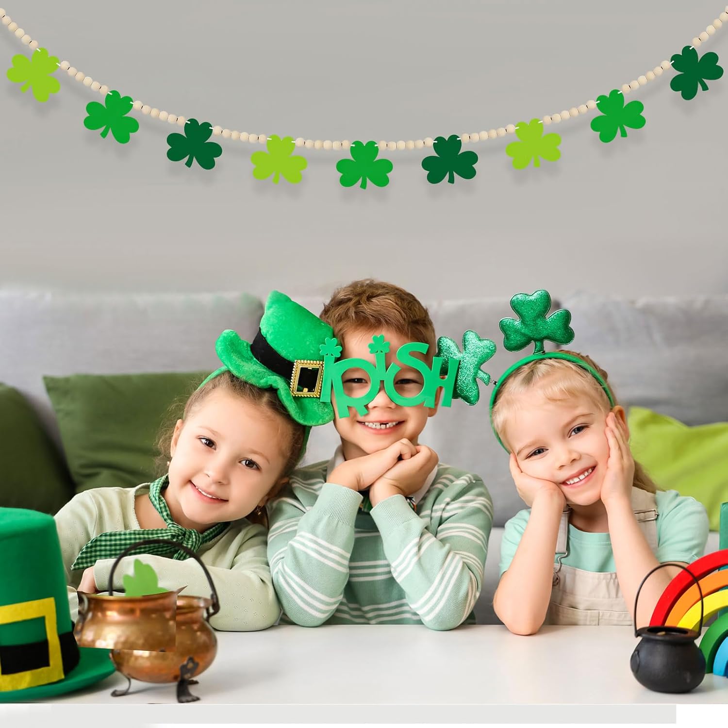 4.5 FT St.Patrick’s Day Shamrock Garland for Decorations, Wood Green Garland with Beads NO DIY, Clover St Patricks Banner Garlands for Mantle, Fireplace, Party Home Decor （Shamrock） - Image 4
