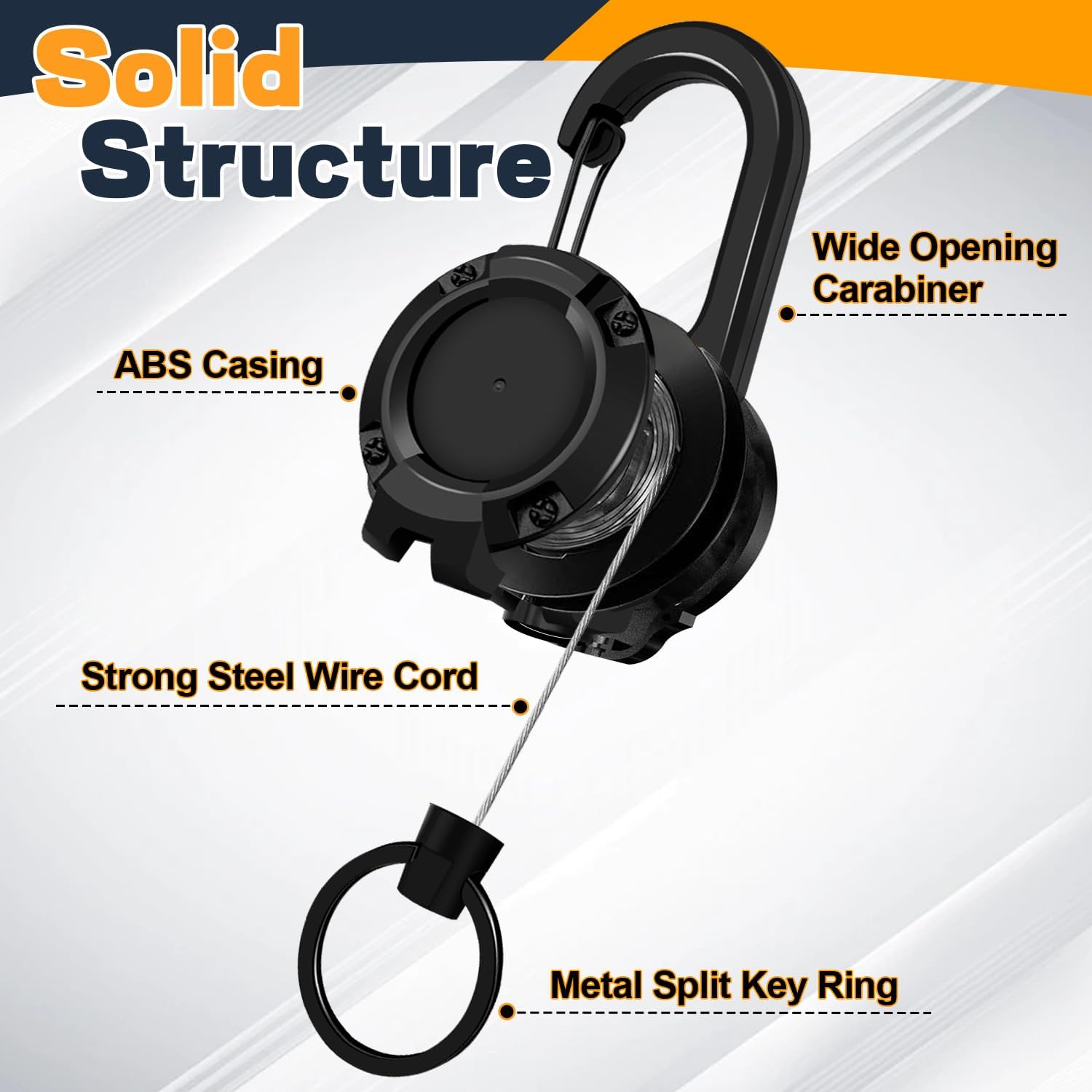 3 Pack Retractable Keychain with Carabiner - Black - 60cm Extendable Key Ring for Work Outdoor Travel - Image 3