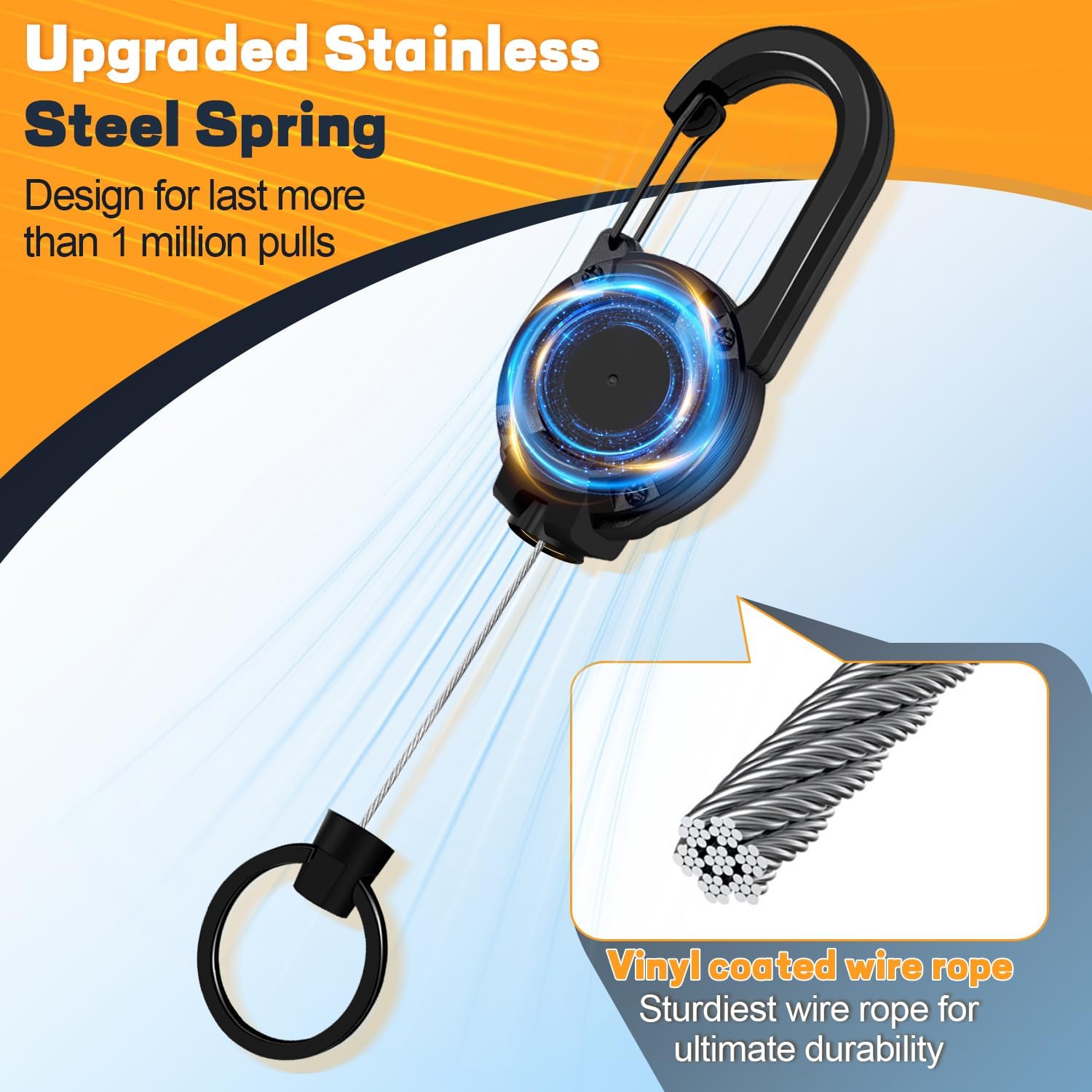 3 Pack Retractable Keychain with Carabiner - Black - 60cm Extendable Key Ring for Work Outdoor Travel - Image 5